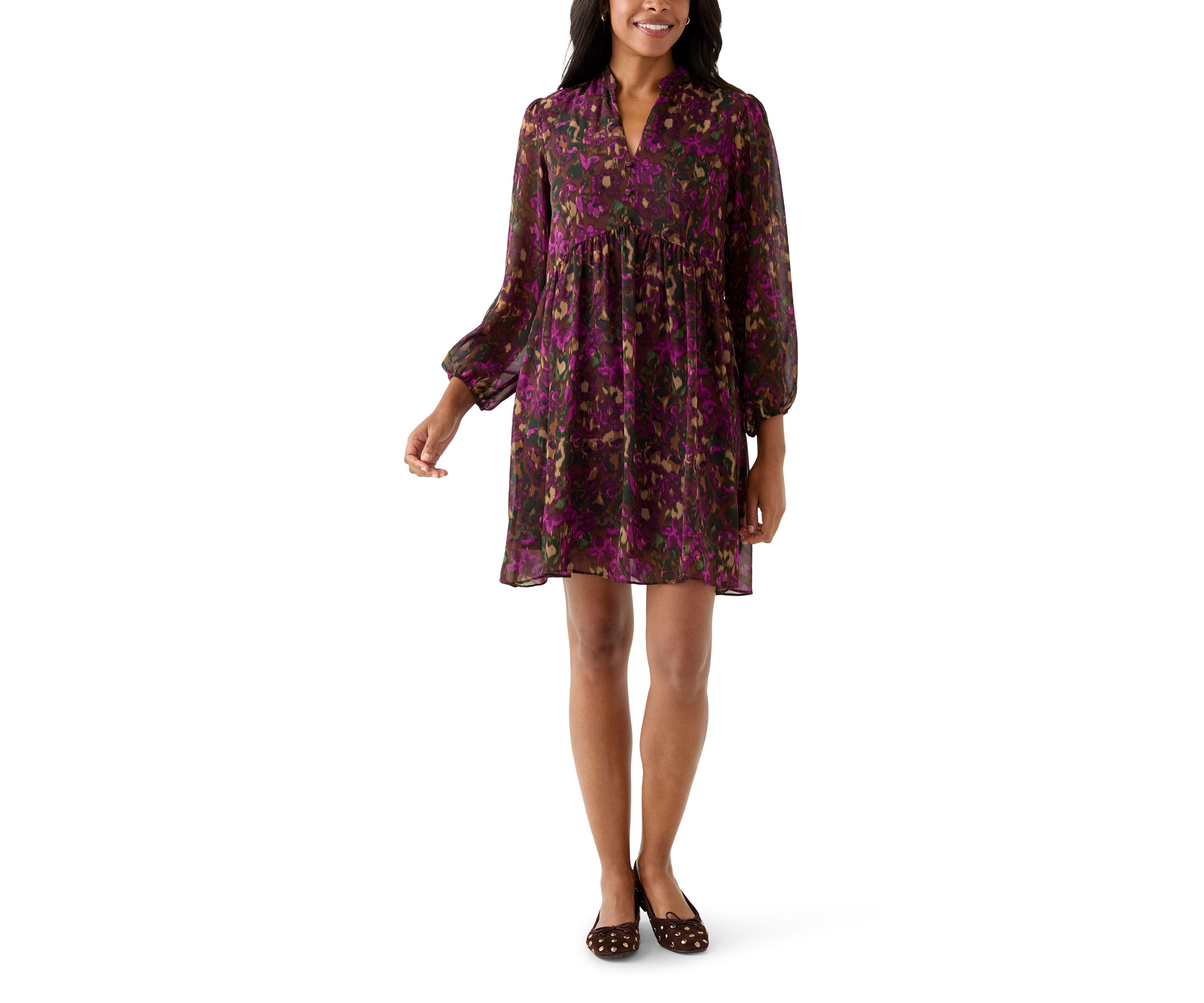 Womens Long Sleeve Mock Neck Floral Chiffon Fit and Flare Mini Dress
