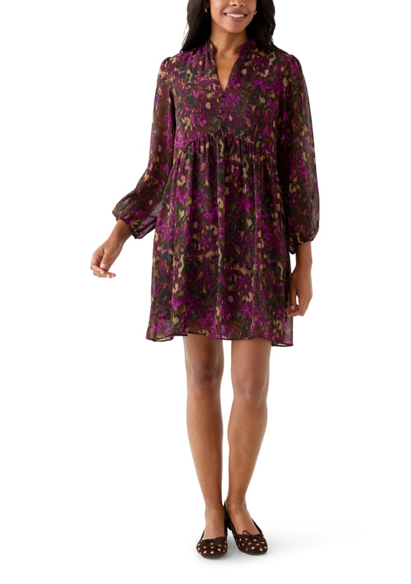 Womens Long Sleeve Mock Neck Floral Chiffon Fit and Flare Mini Dress