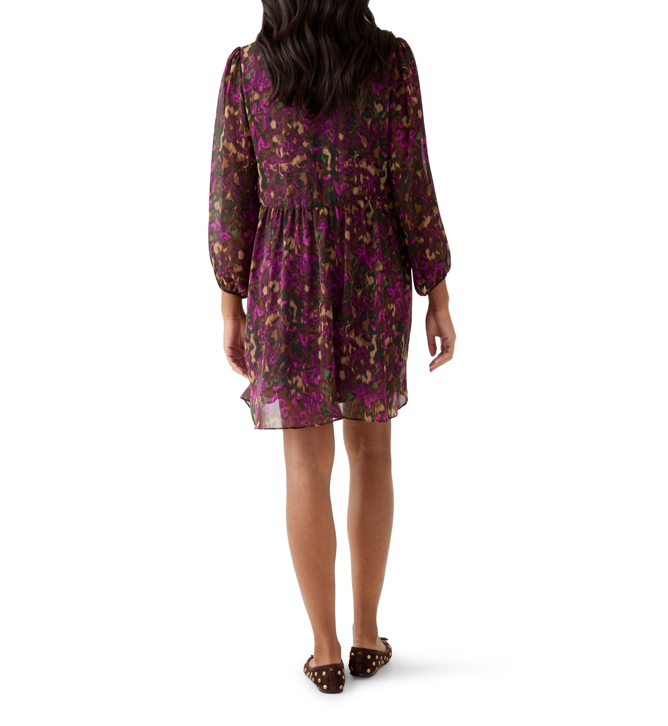 Womens Long Sleeve Mock Neck Floral Chiffon Fit and Flare Mini Dress