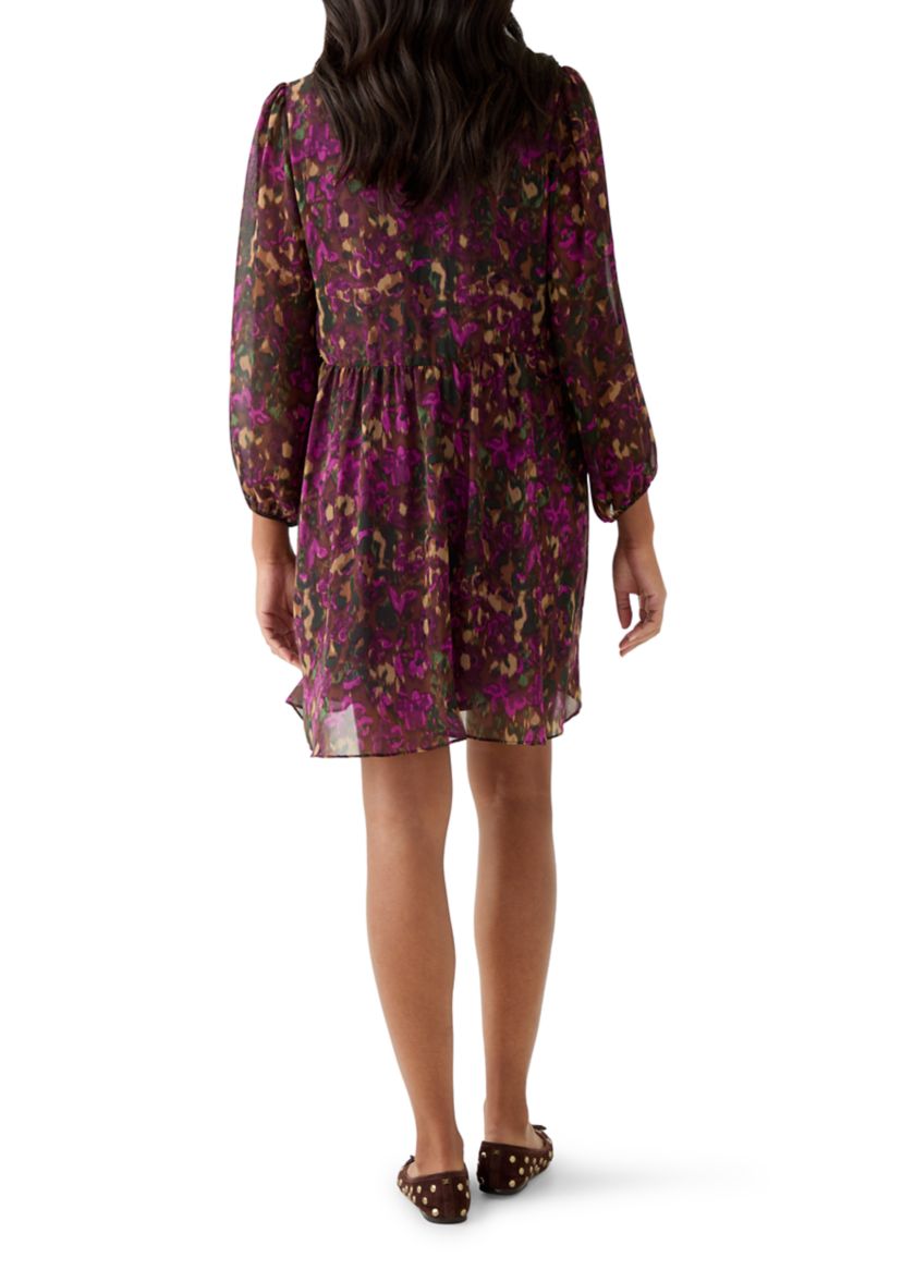 Womens Long Sleeve Mock Neck Floral Chiffon Fit and Flare Mini Dress
