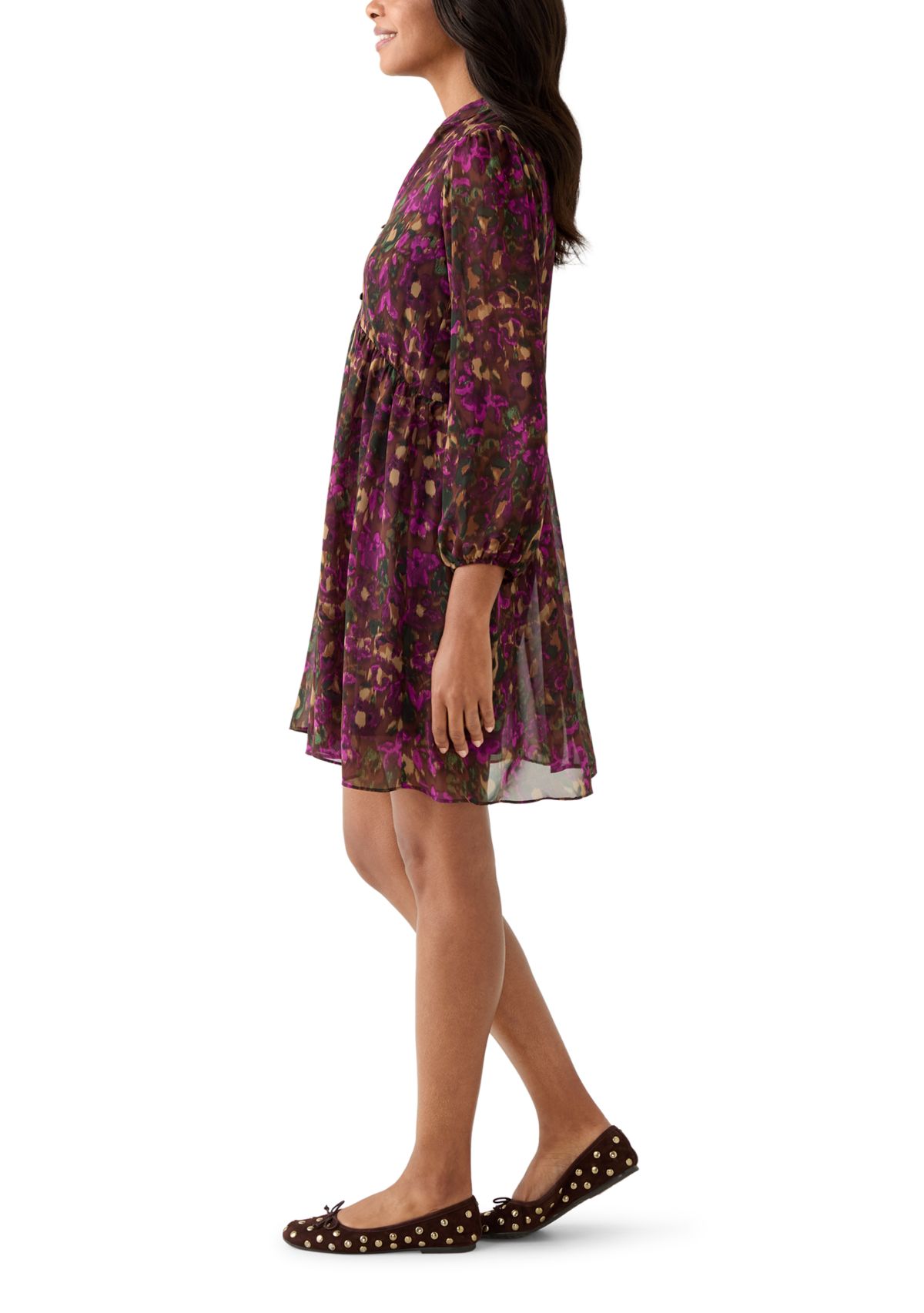 Womens Long Sleeve Mock Neck Floral Chiffon Fit and Flare Mini Dress