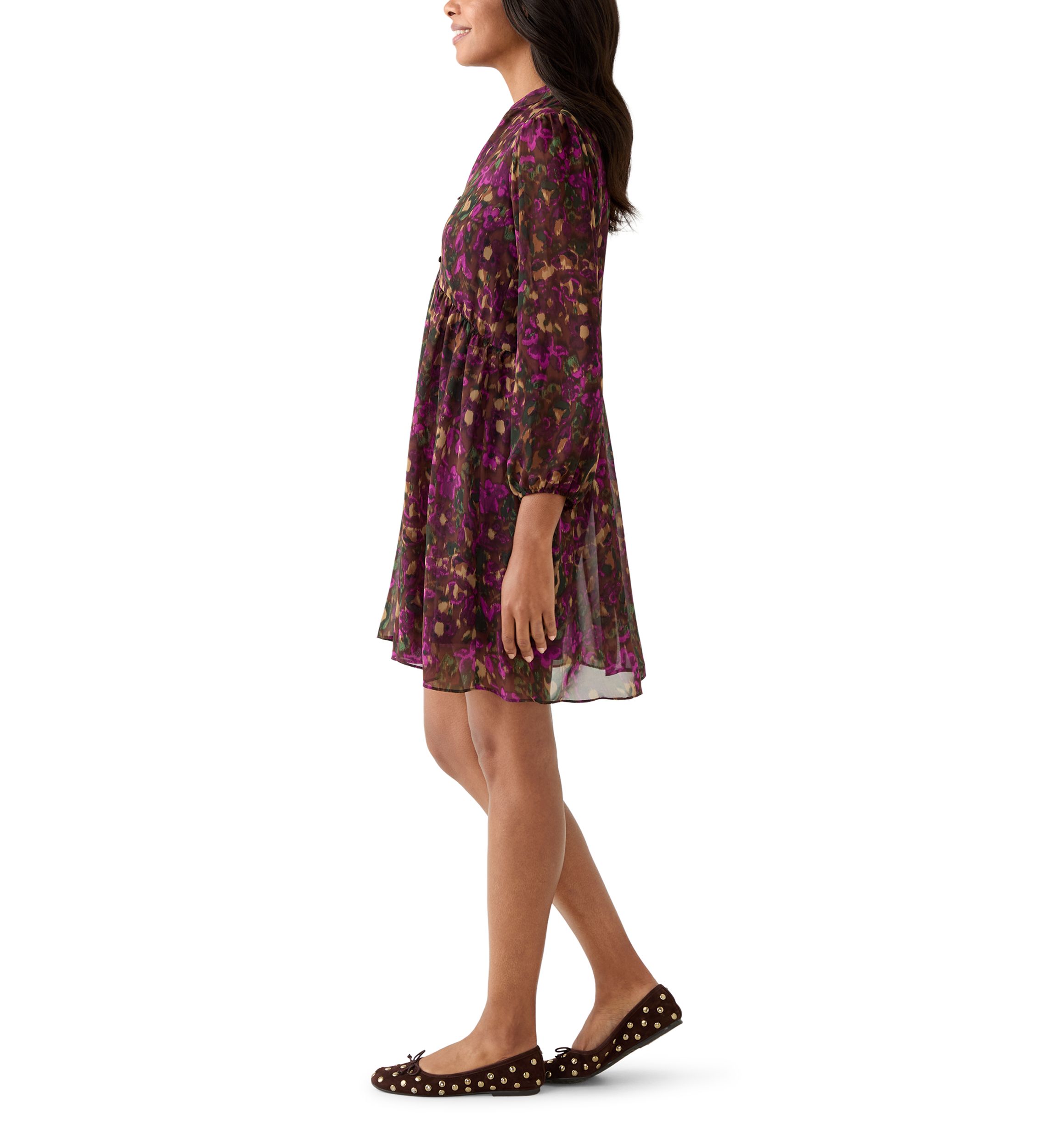 Womens Long Sleeve Mock Neck Floral Chiffon Fit and Flare Mini Dress