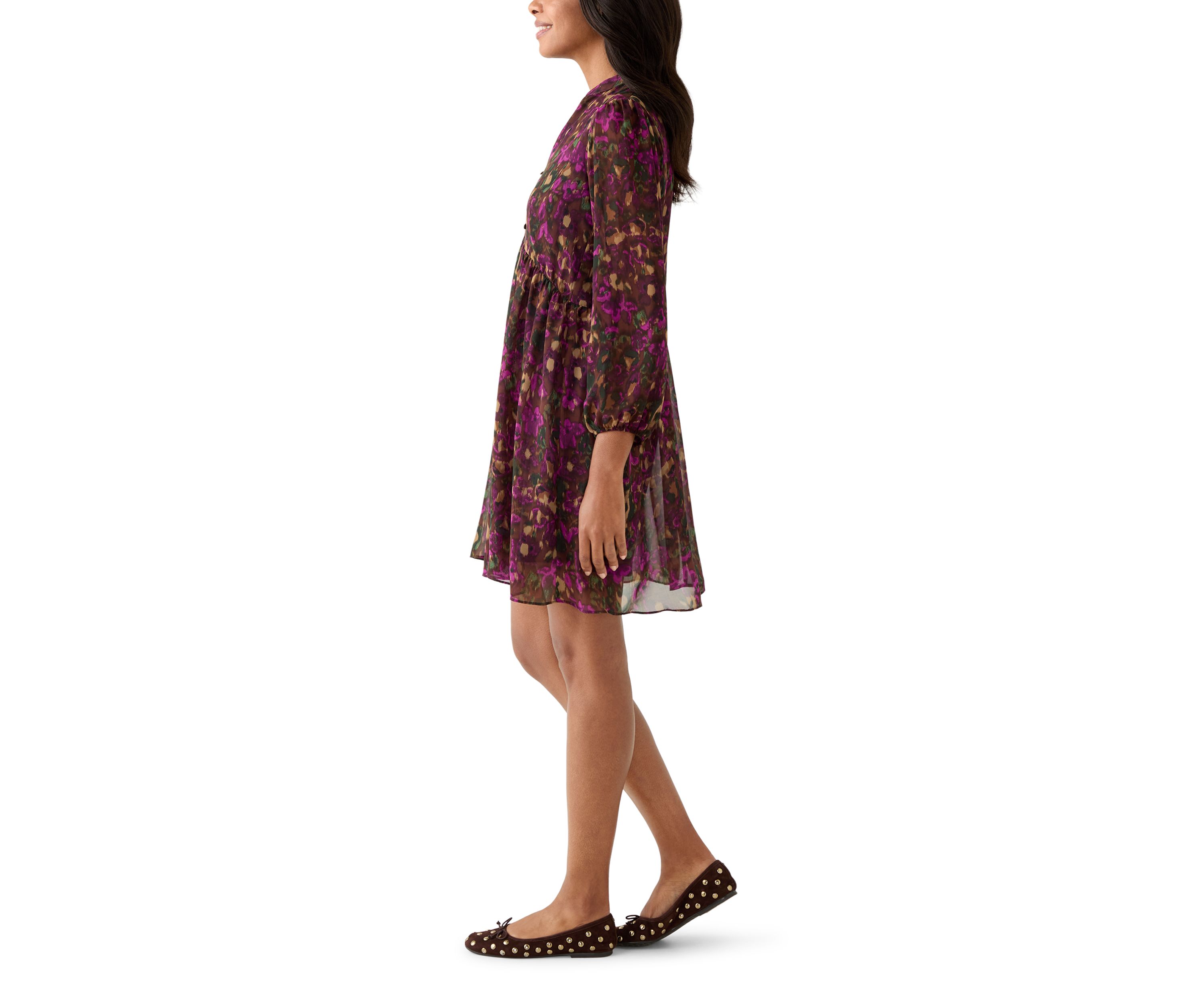 Womens Long Sleeve Mock Neck Floral Chiffon Fit and Flare Mini Dress