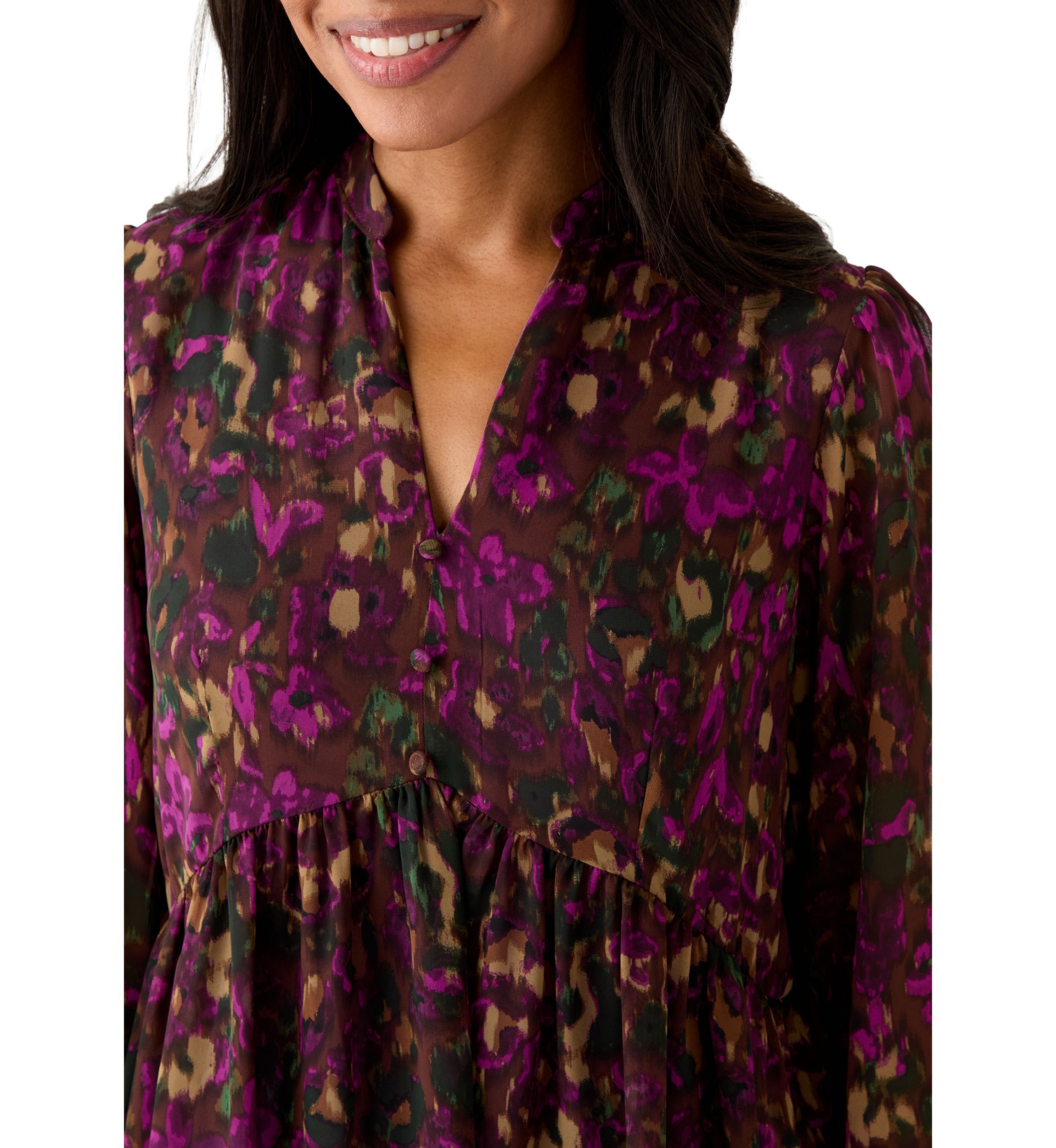 Womens Long Sleeve Mock Neck Floral Chiffon Fit and Flare Mini Dress