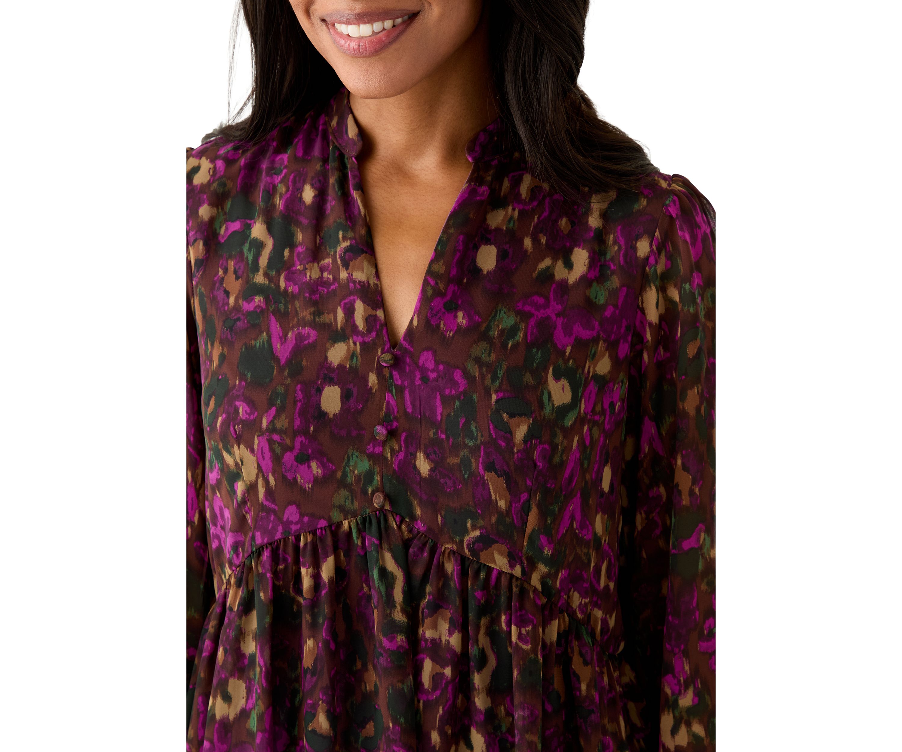 Womens Long Sleeve Mock Neck Floral Chiffon Fit and Flare Mini Dress