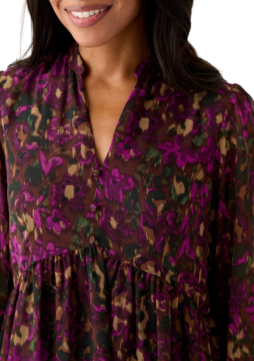 Womens Long Sleeve Mock Neck Floral Chiffon Fit and Flare Mini Dress