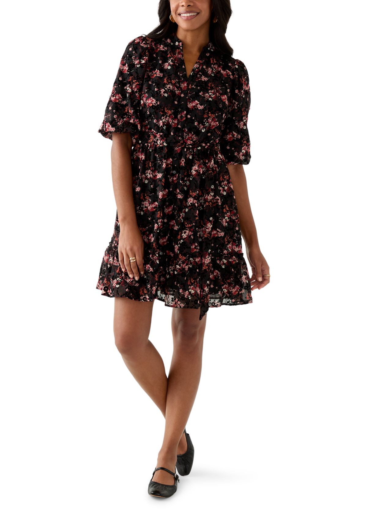 Womens Short Sleeve V-Neck Floral Print Chiffon Fit and Flare Dress