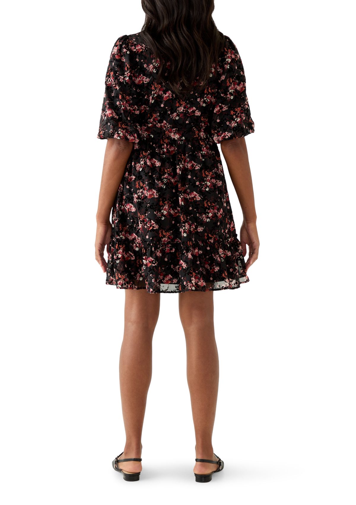 Womens Short Sleeve V-Neck Floral Print Chiffon Fit and Flare Dress