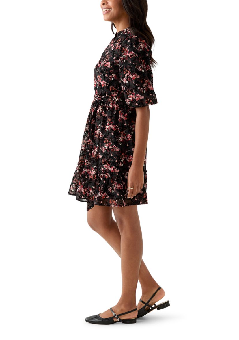 Womens Short Sleeve V-Neck Floral Print Chiffon Fit and Flare Dress