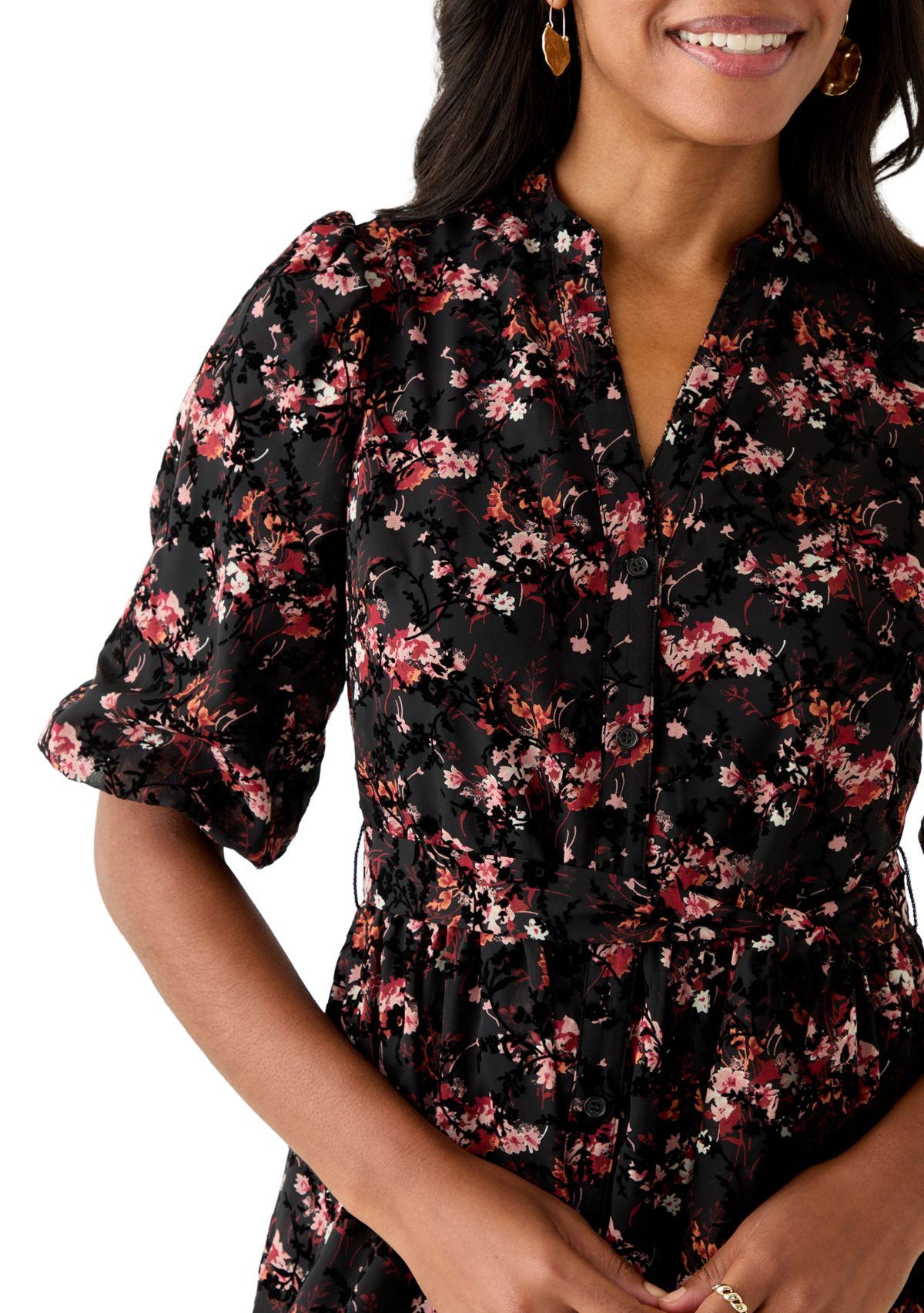 Womens Short Sleeve V-Neck Floral Print Chiffon Fit and Flare Dress