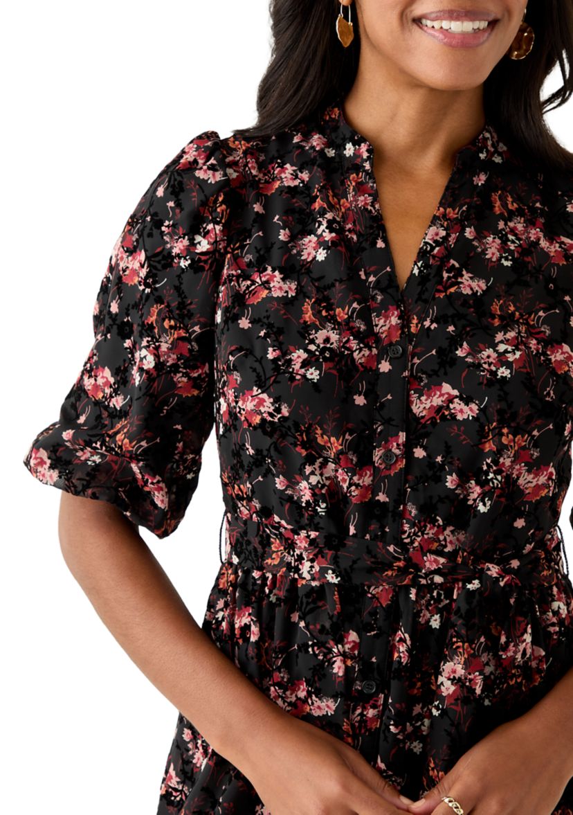 Womens Short Sleeve V-Neck Floral Print Chiffon Fit and Flare Dress