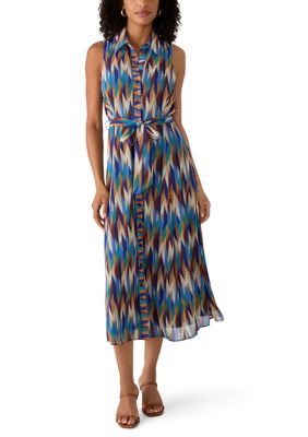 Sandra Darren Women's Sleeveless Printed Chiffon Shirtdress, Navy Blue, Small