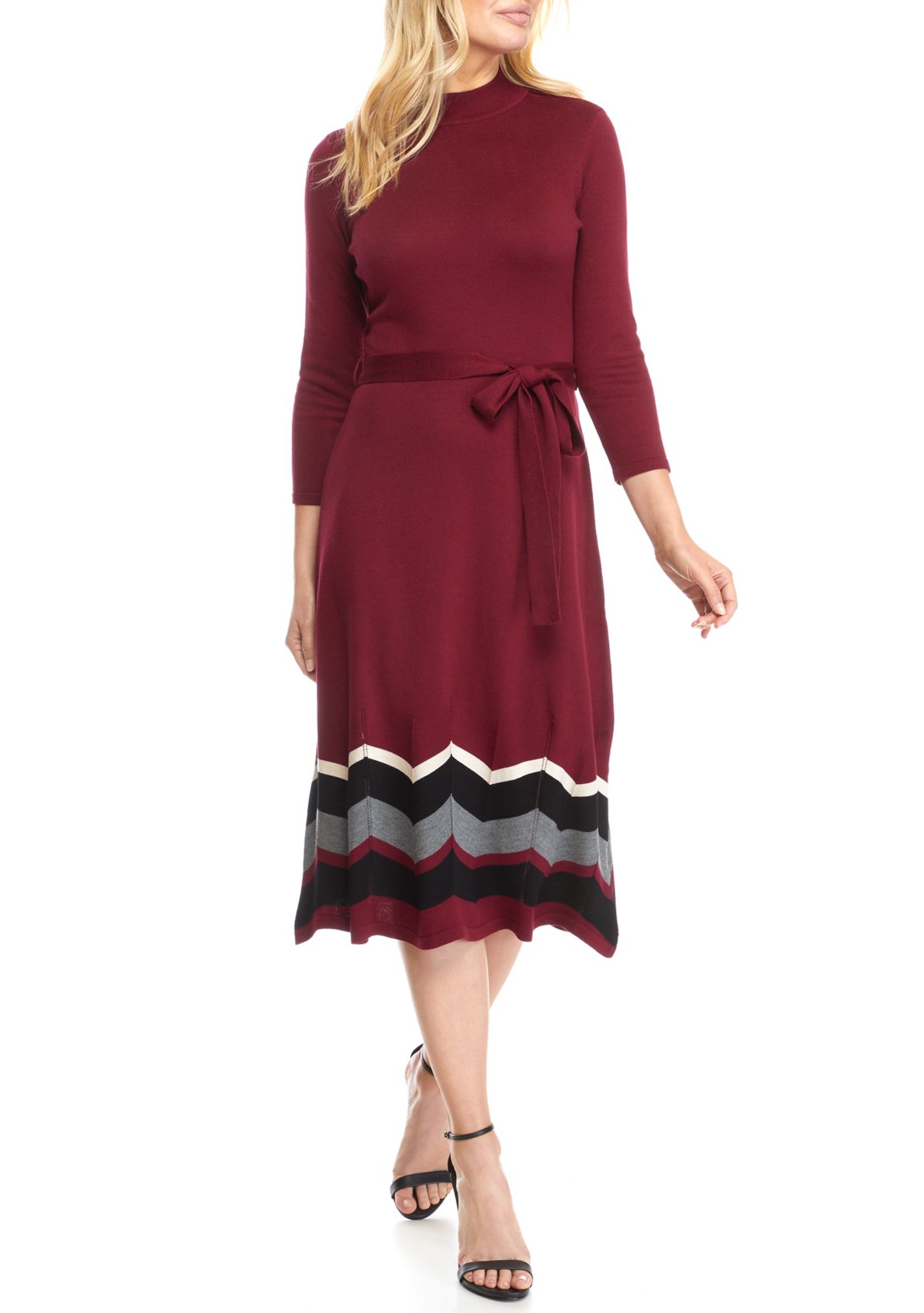 Womens Chevron Hem Belted Mock Neck Sweater Dress