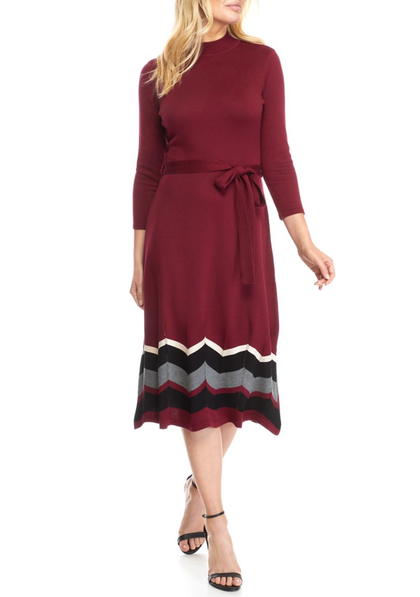 Womens Chevron Hem Belted Mock Neck Sweater Dress