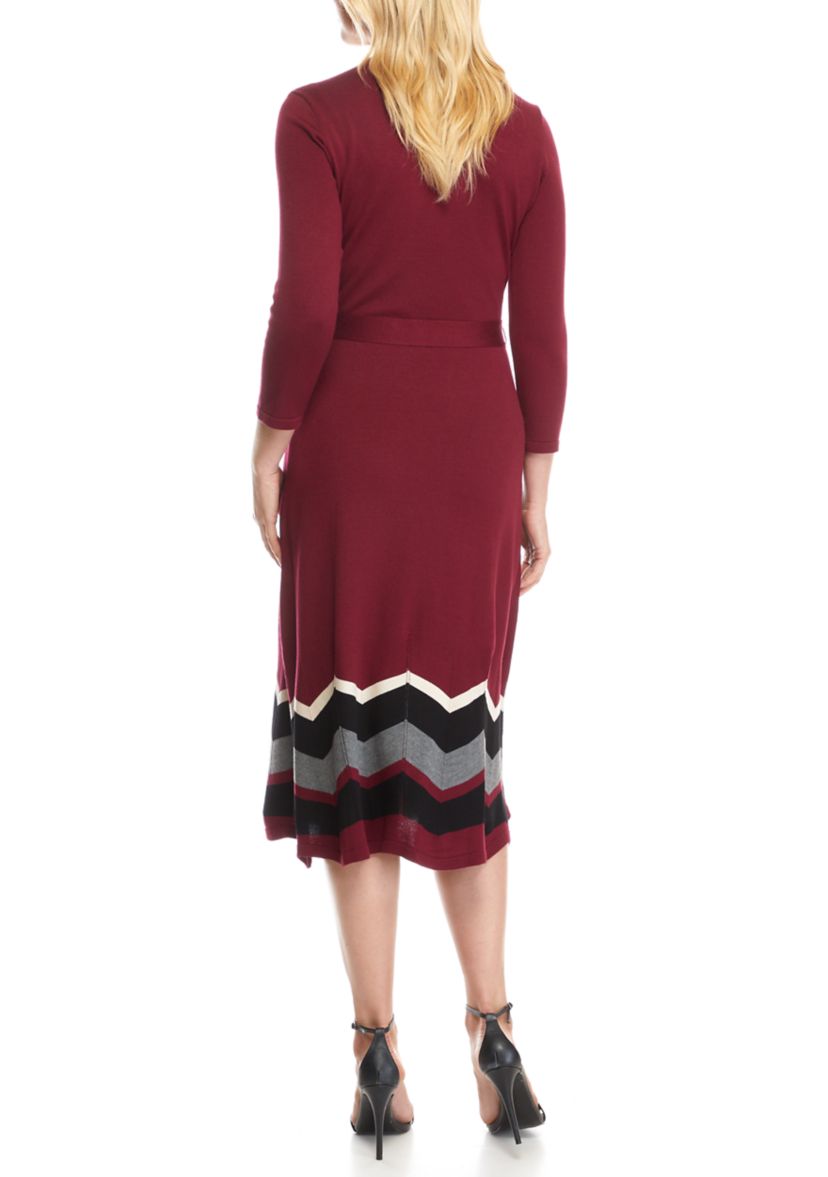 Womens Chevron Hem Belted Mock Neck Sweater Dress