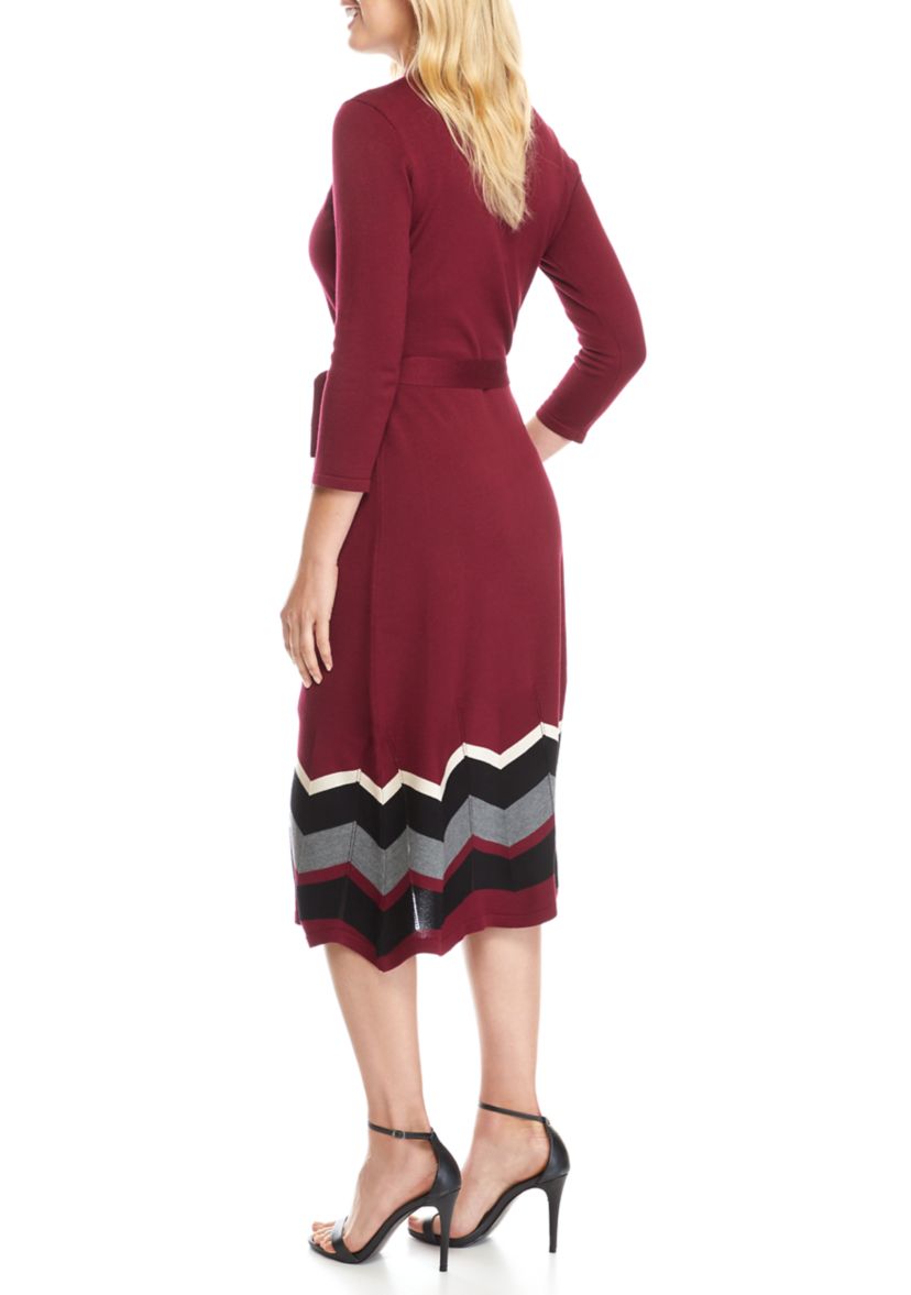 Womens Chevron Hem Belted Mock Neck Sweater Dress
