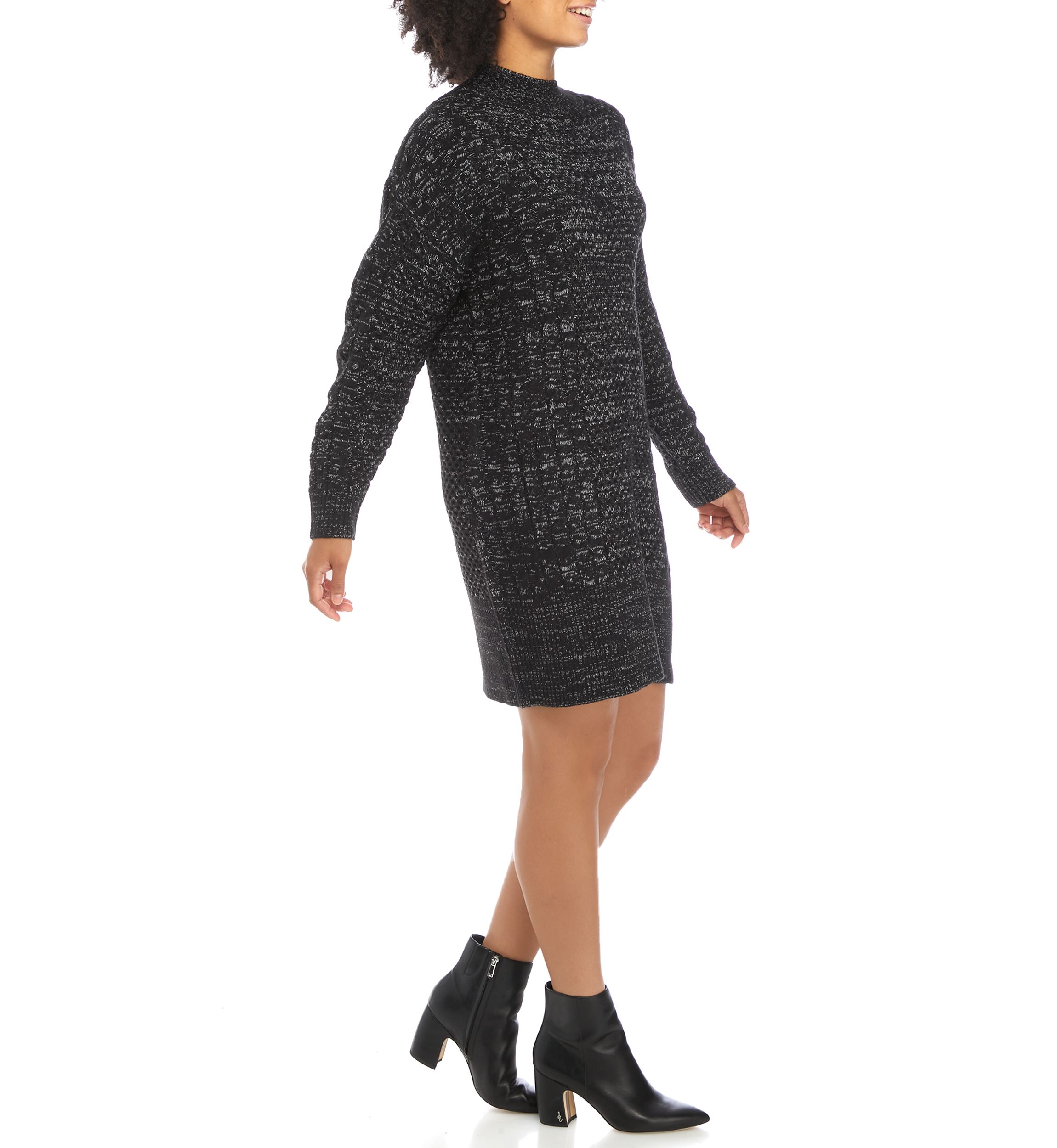 Womens Long Sleeve Mix Stitch Shift Dress 