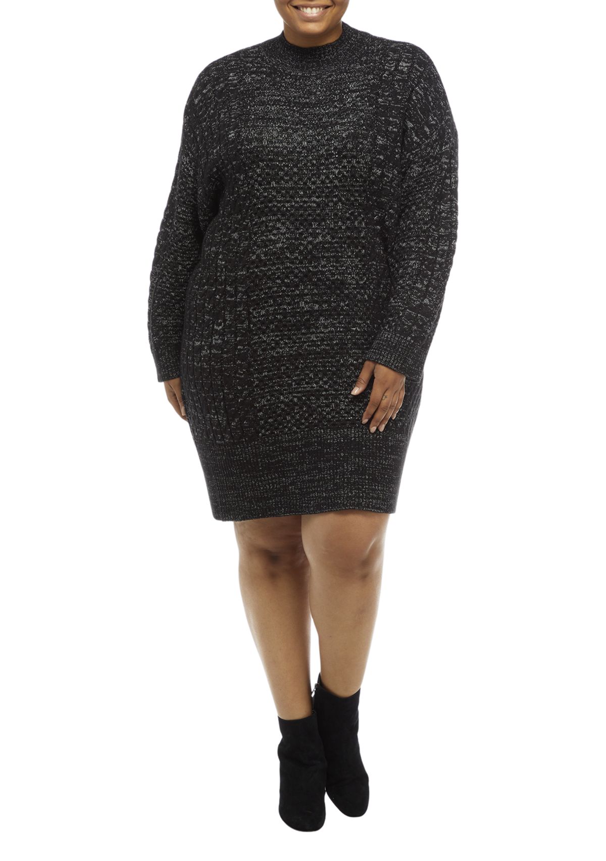 Plus Size Mock Neck Mix Stitch Shift Sweater Dress
