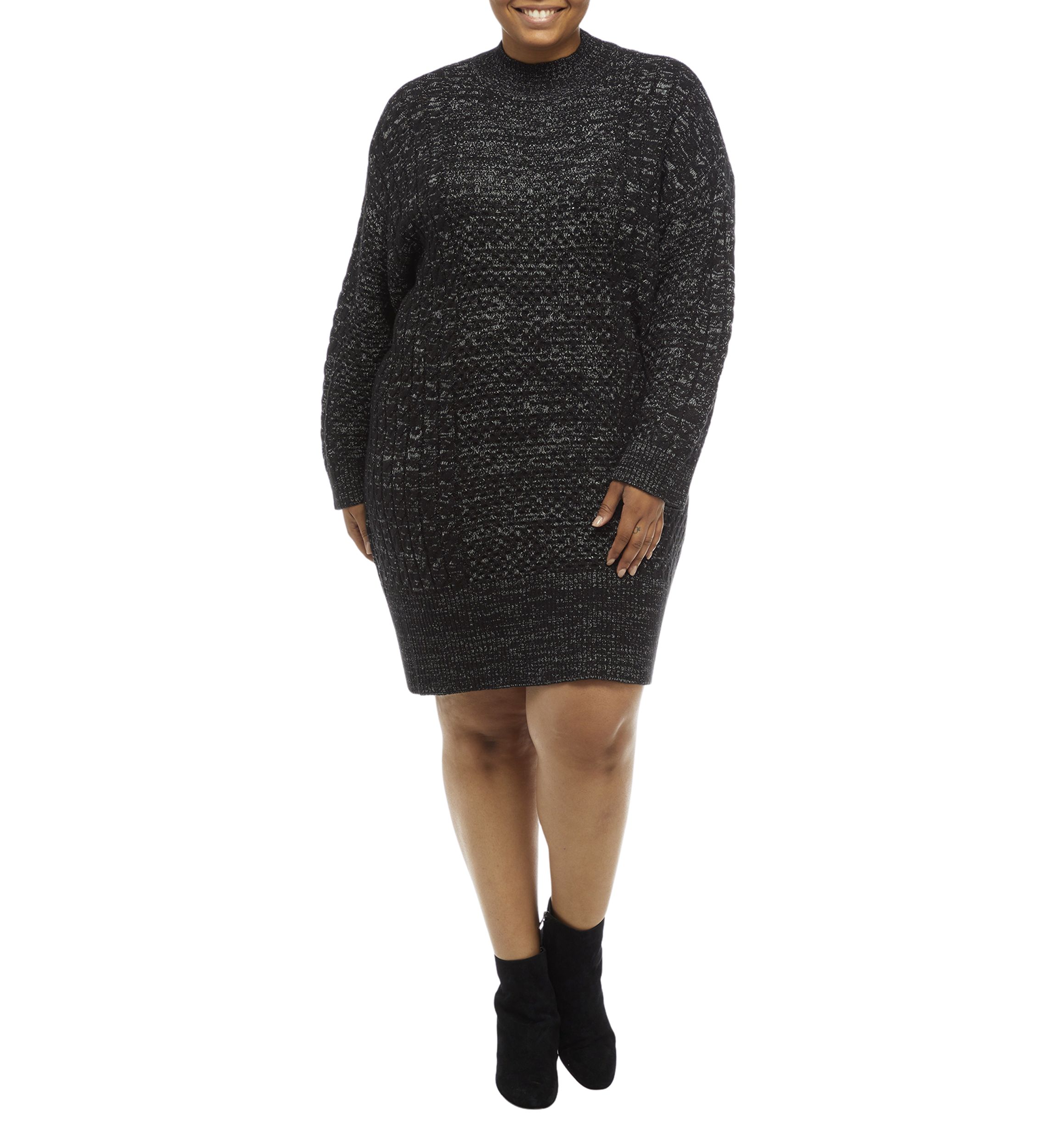 Plus Size Mock Neck Mix Stitch Shift Sweater Dress