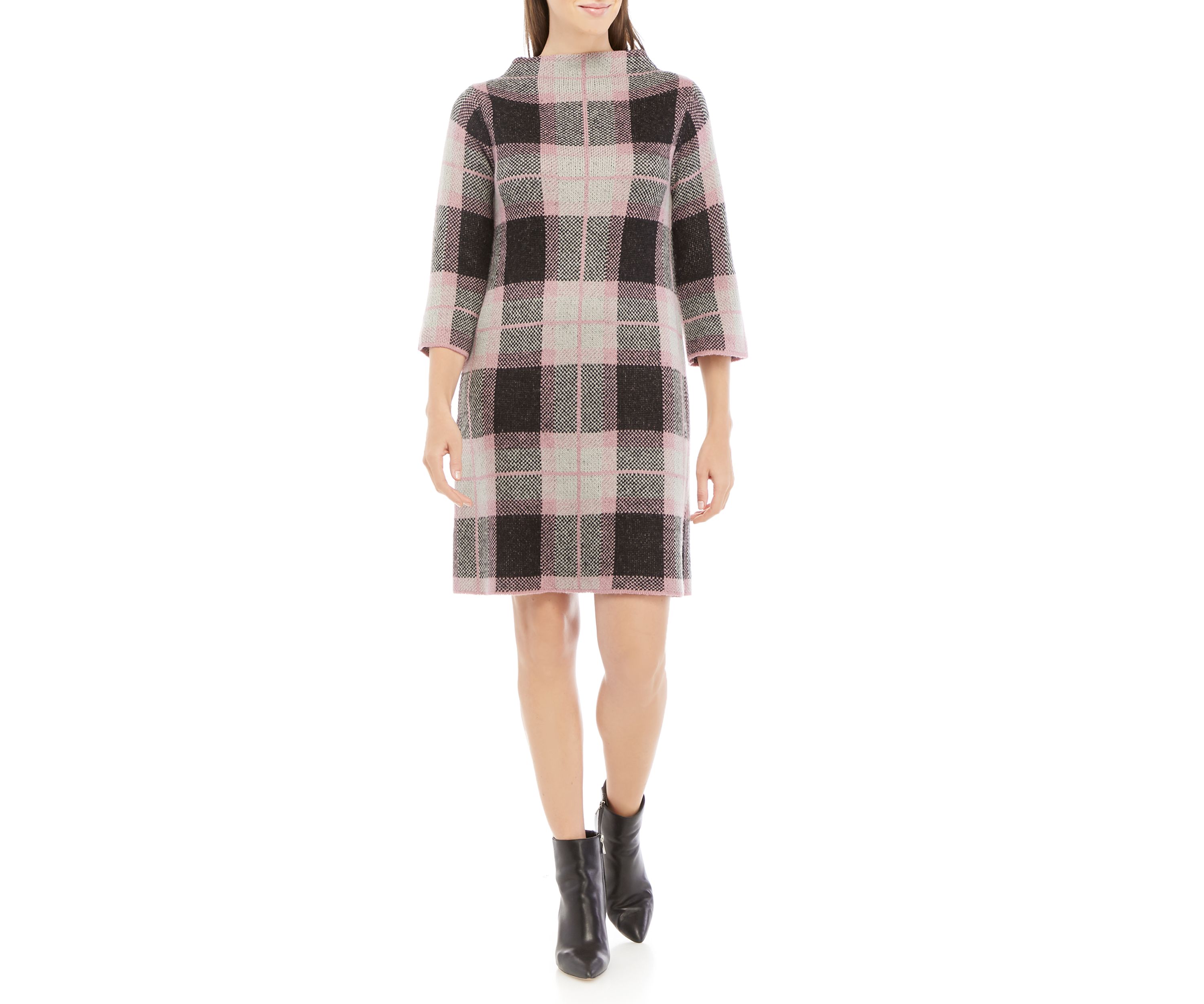 Womens Long Sleeve Mock Neck Plaid Sweater Dress 