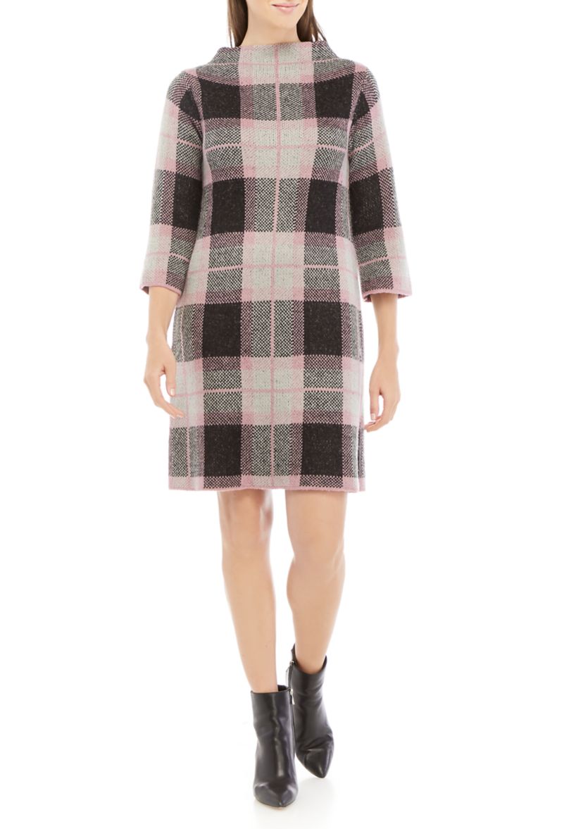 Womens Long Sleeve Mock Neck Plaid Sweater Dress 