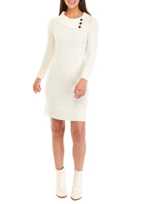 Sandra Darren Women s Buttoned Asymmetrical Neck Cable Knit Sweater Dress belk