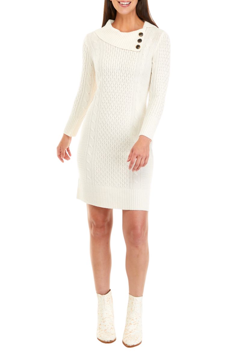 Womens Buttoned Asymmetrical Neck Cable Knit Sweater Dress