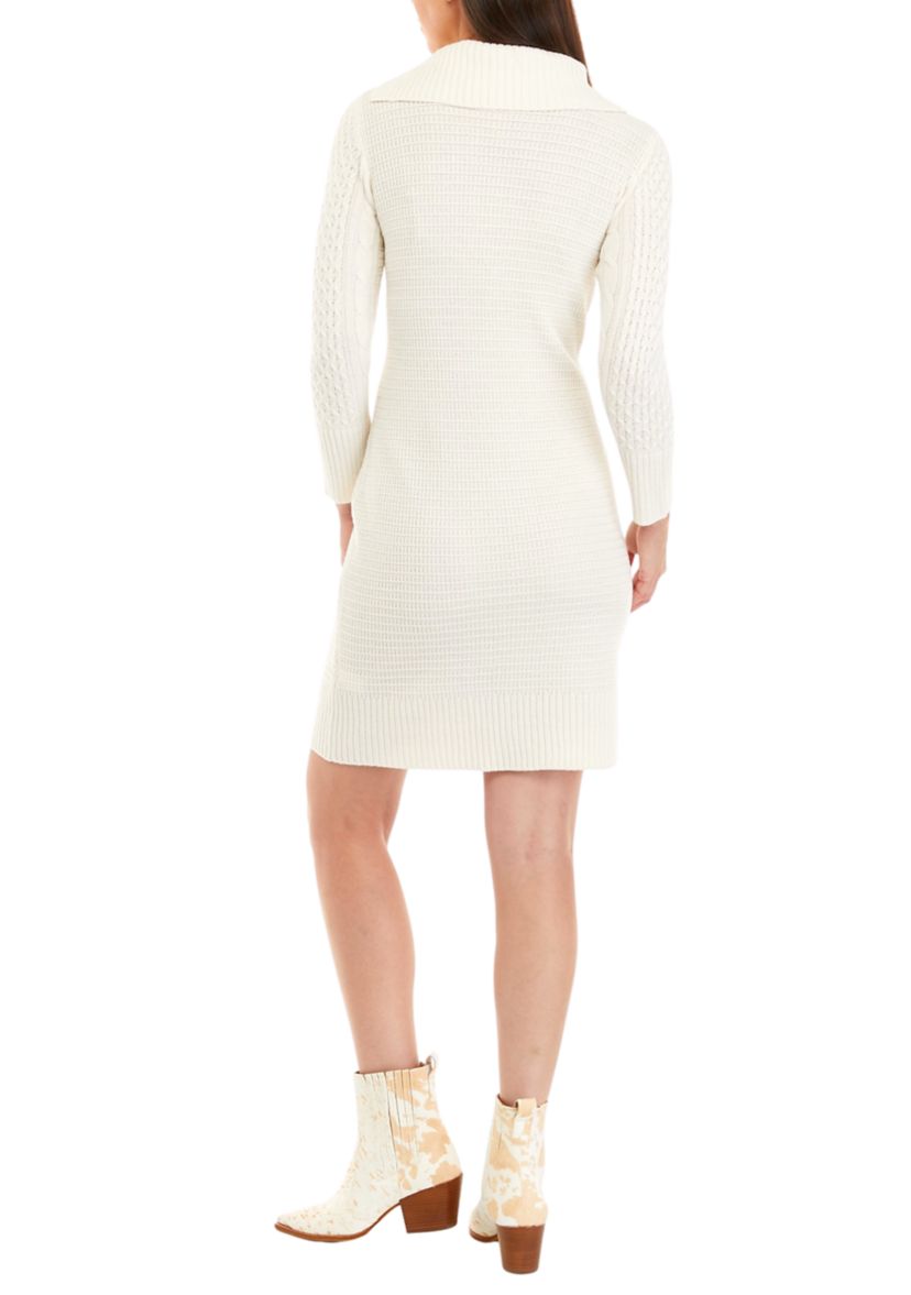 Womens Buttoned Asymmetrical Neck Cable Knit Sweater Dress