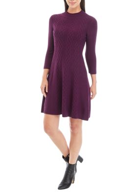 Women's Mock Neck Solid Cable Knit Sweater Dress