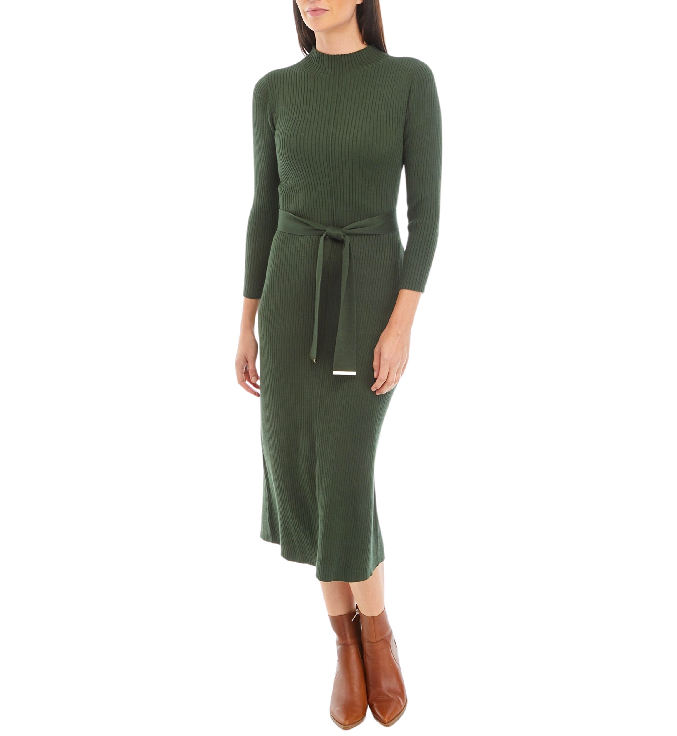 Womens Solid Ribbed Knit Midi Dress