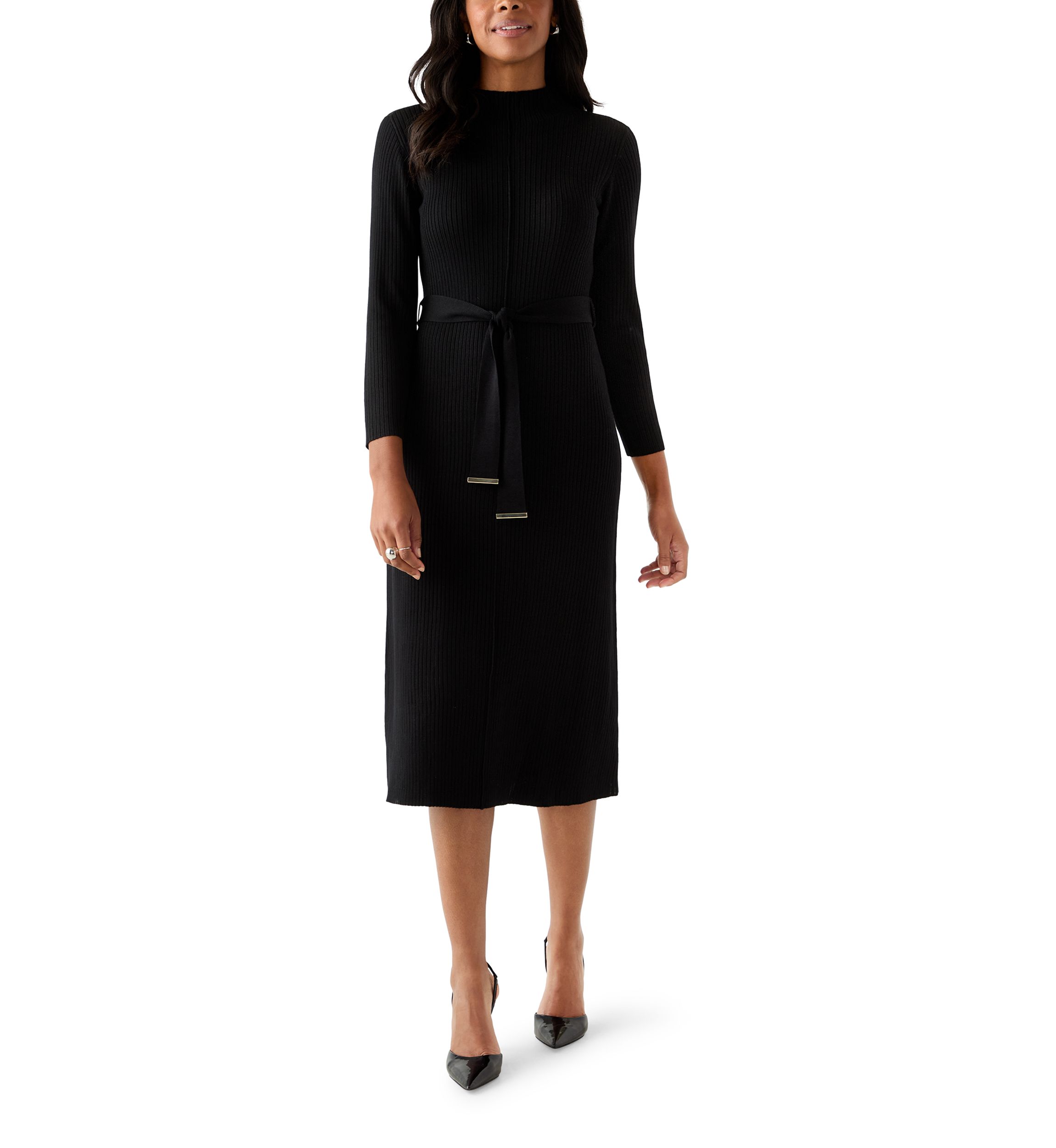 Womens Belted Ribbed Sweater Dress