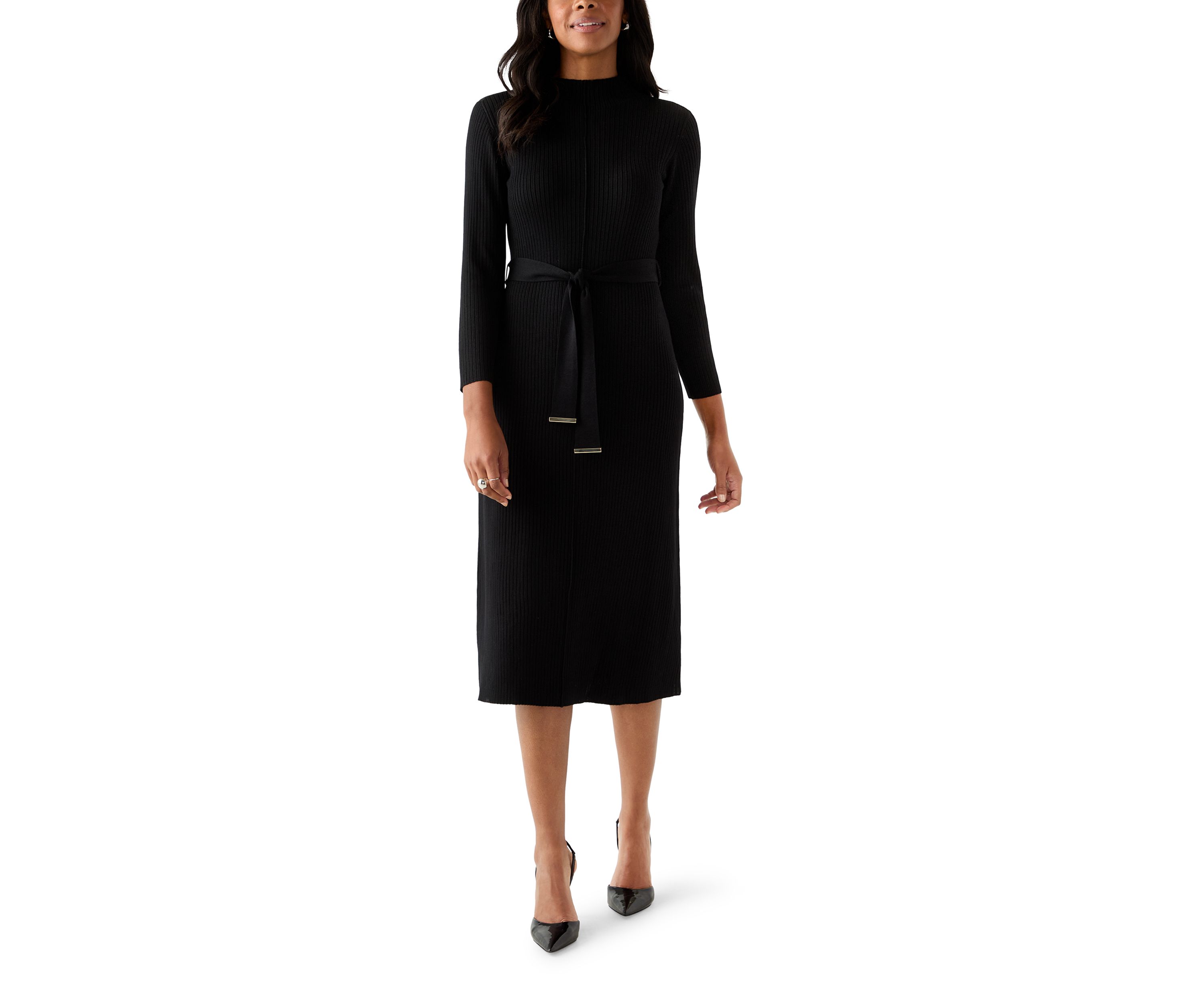 Womens Belted Ribbed Sweater Dress