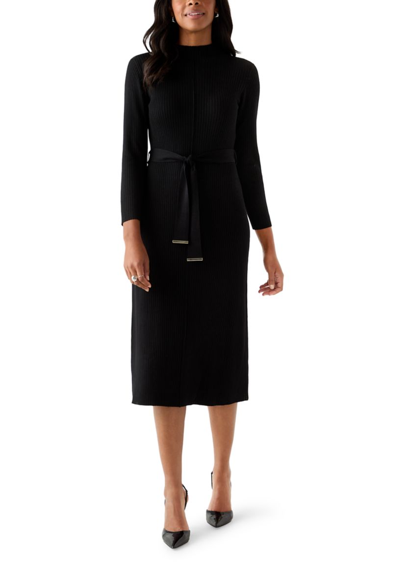 Womens Belted Ribbed Sweater Dress
