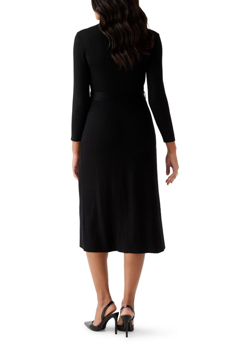 Womens Belted Ribbed Sweater Dress