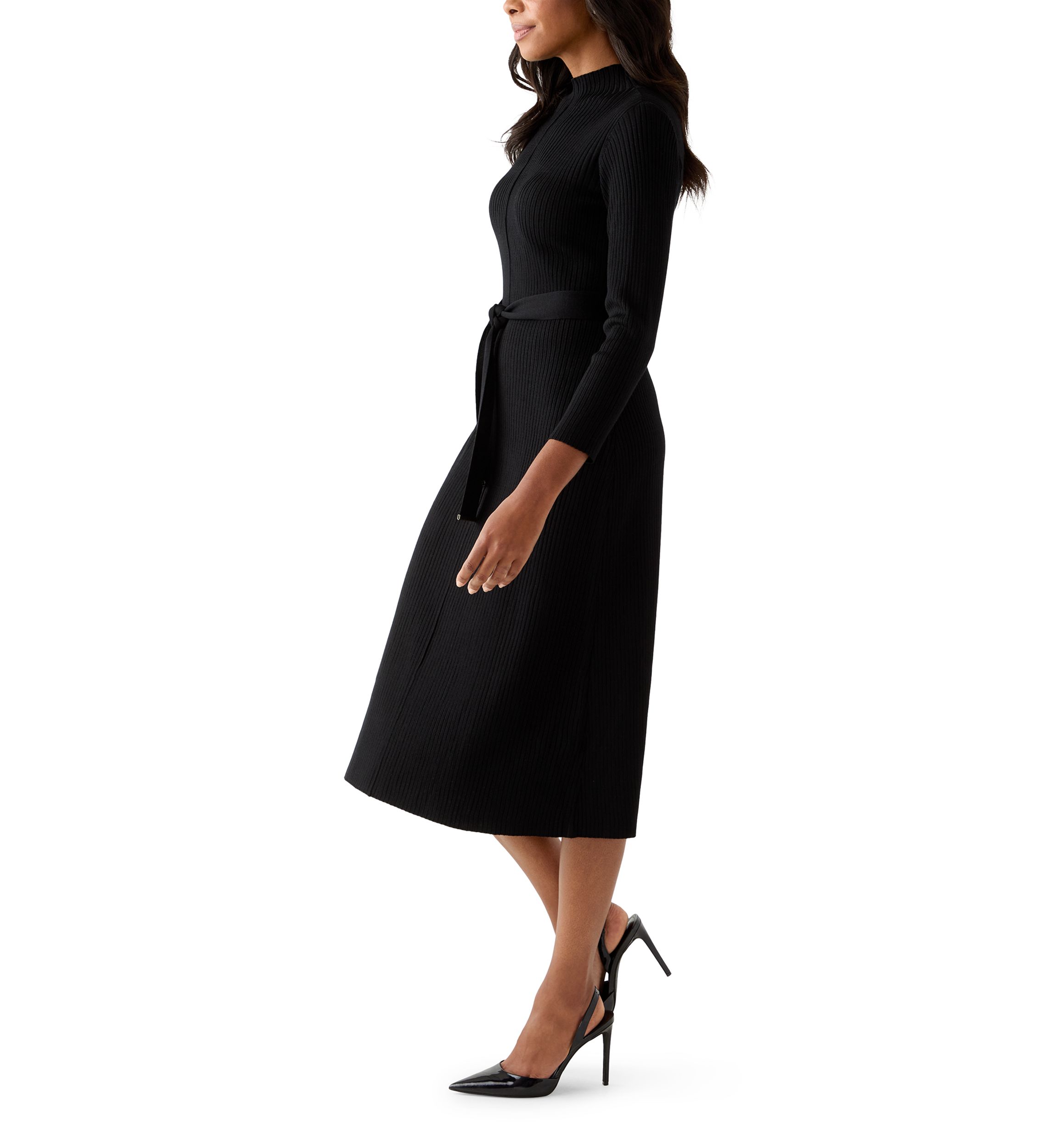 Womens Belted Ribbed Sweater Dress