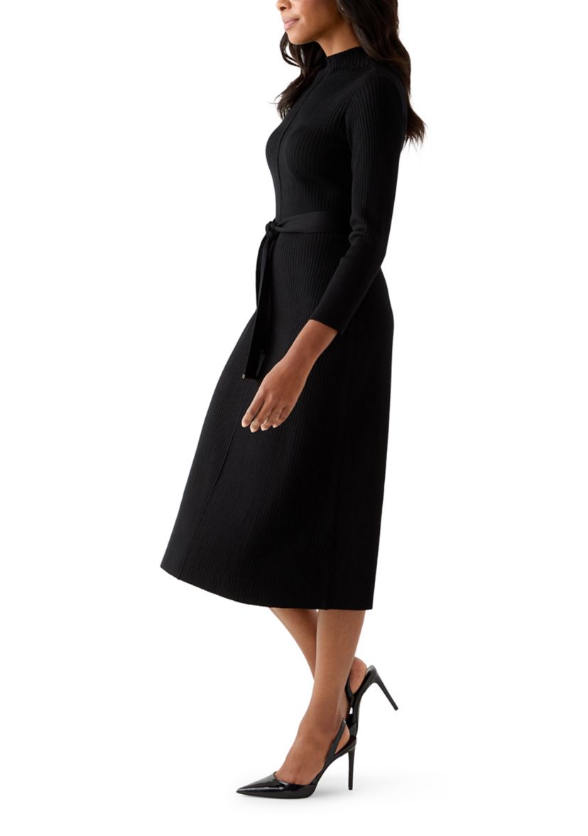 Womens Belted Ribbed Sweater Dress