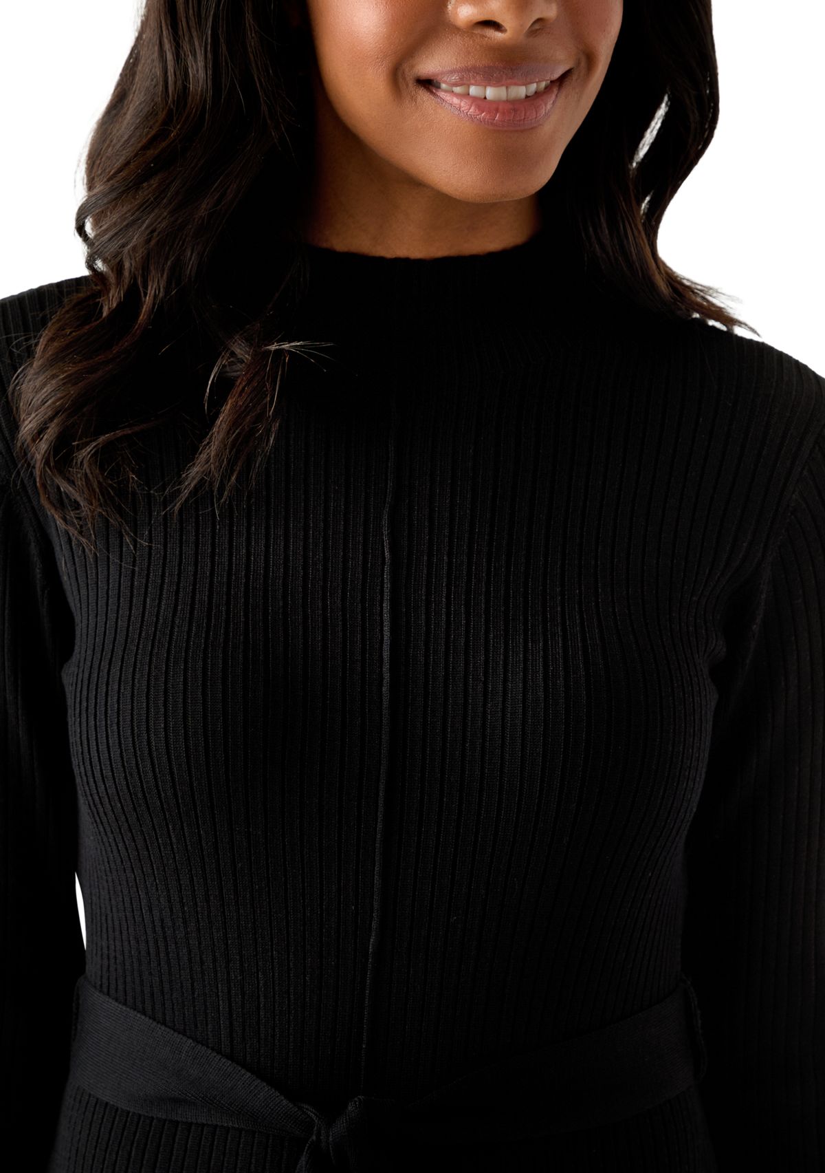 Womens Belted Ribbed Sweater Dress