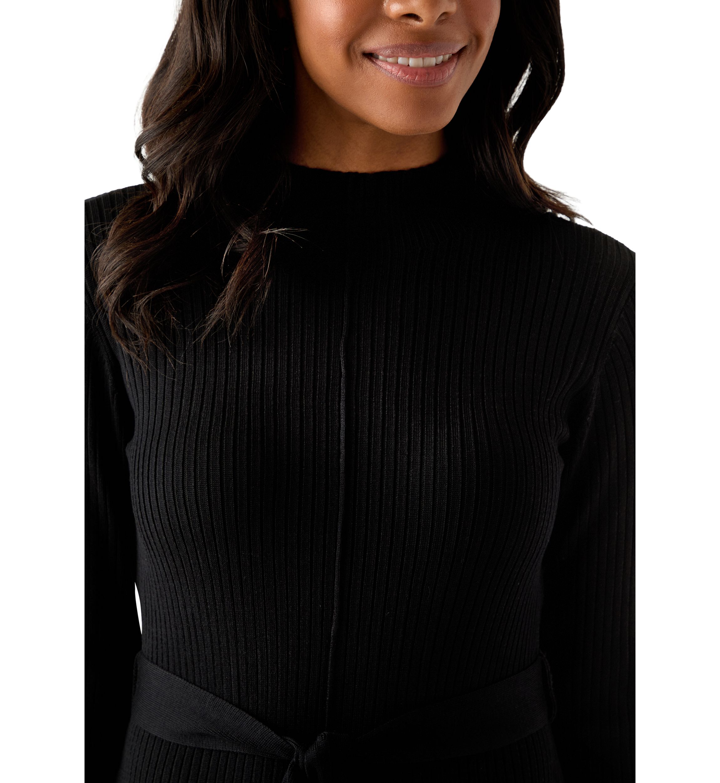 Womens Belted Ribbed Sweater Dress