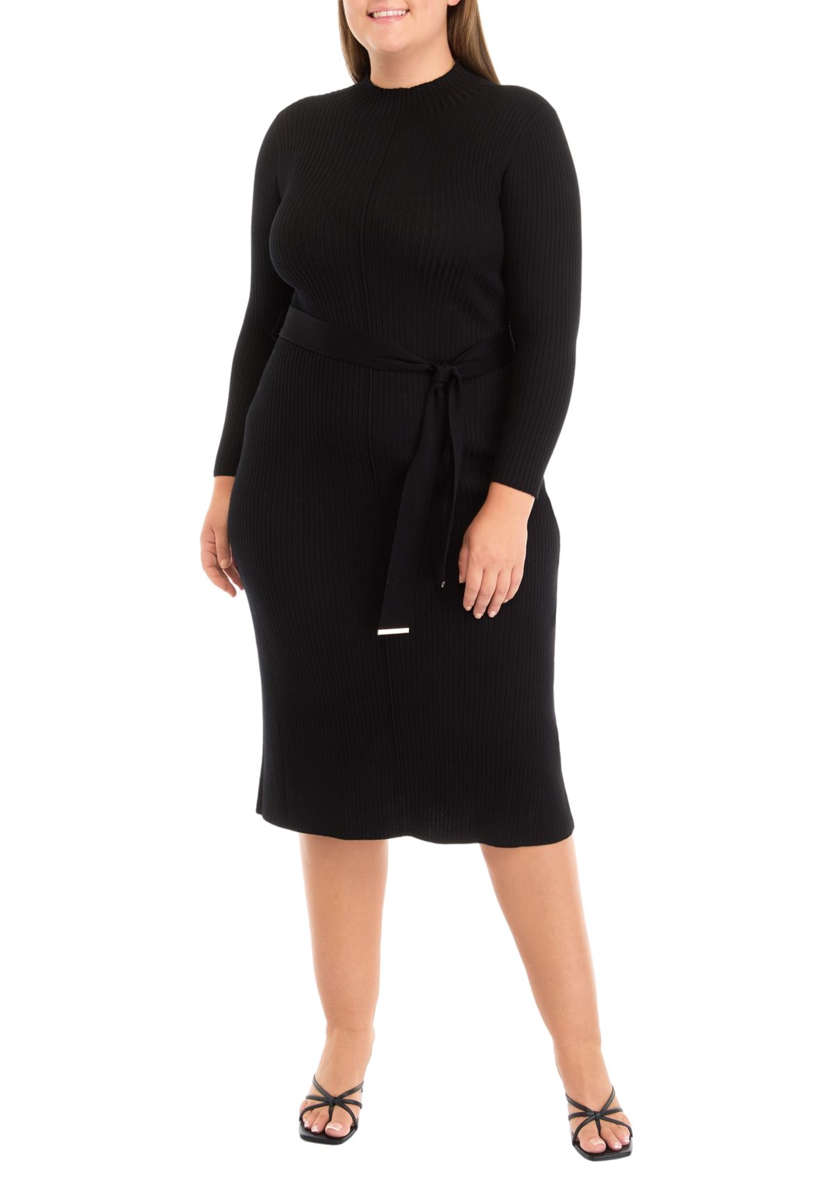 Plus Size Long Sleeve High Neck Belted Fit and Flare Dress