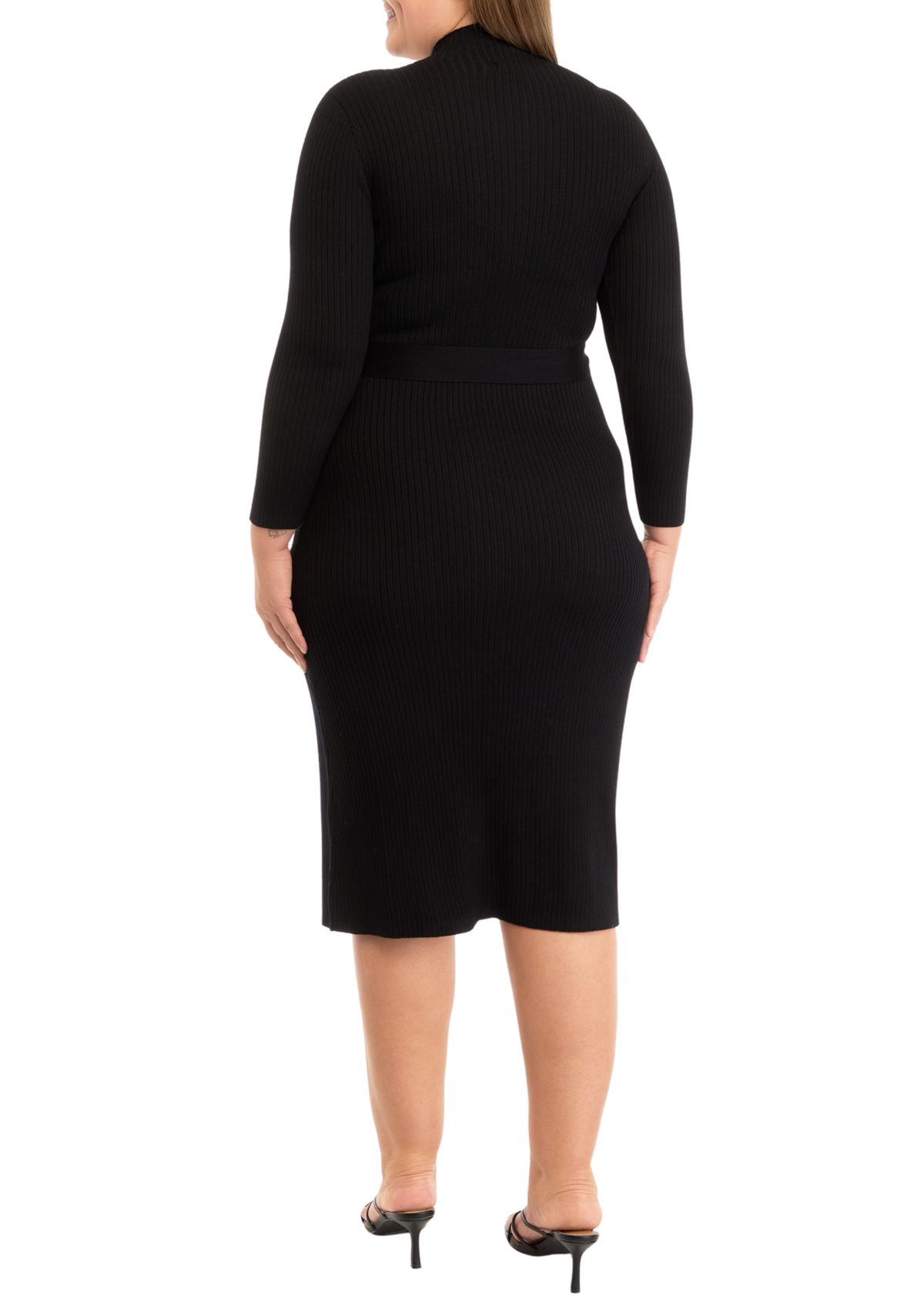 Plus Size Long Sleeve High Neck Belted Fit and Flare Dress