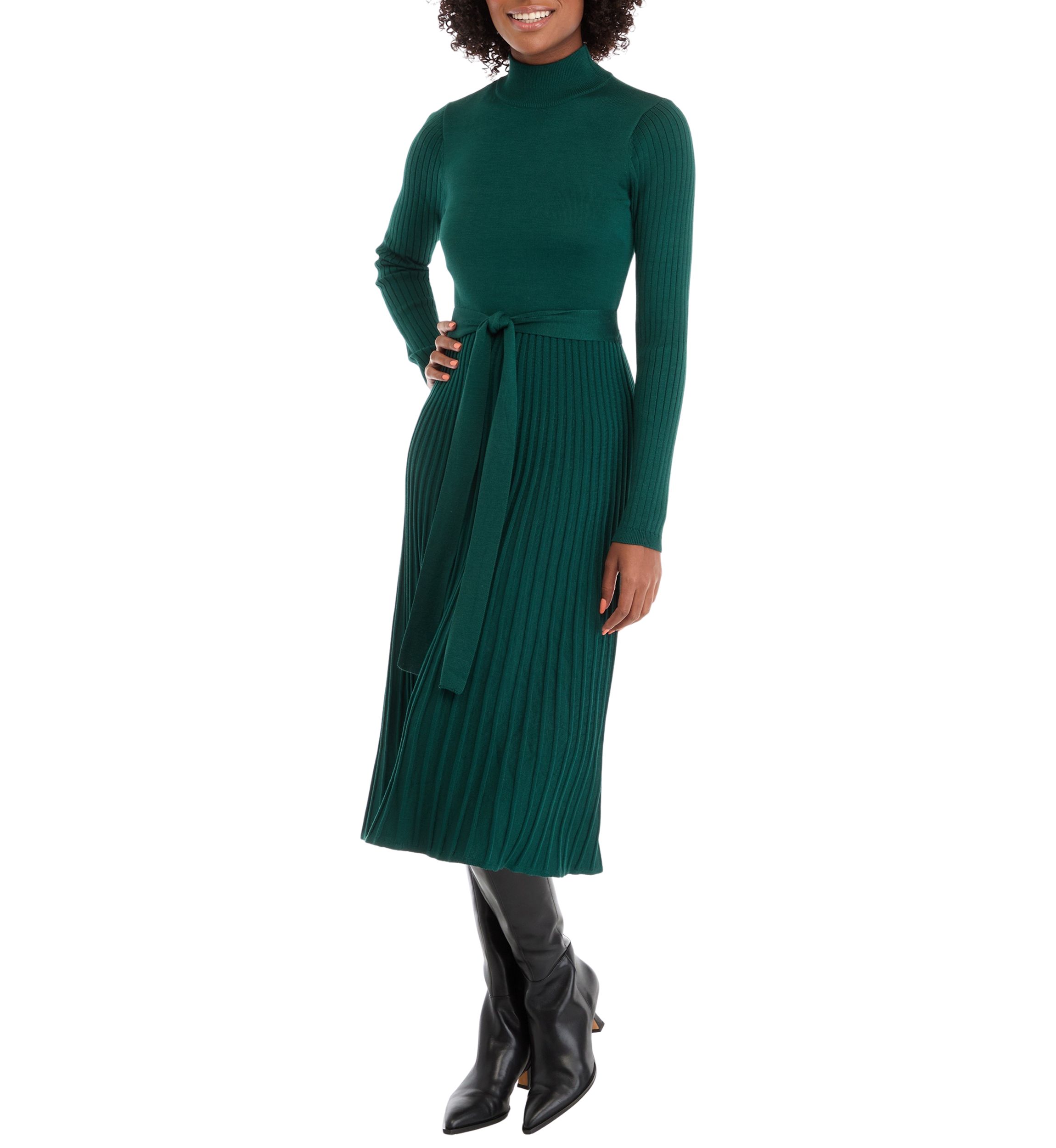 Womens Long Sleeve Mock Neck Tie Waist Fit and Flare Sweater Dress