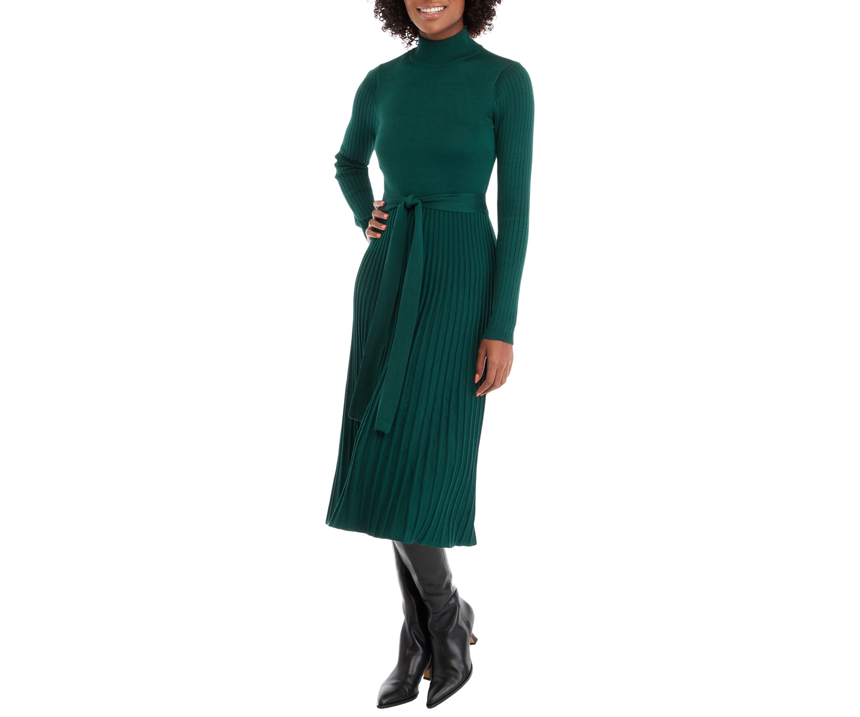 Womens Long Sleeve Mock Neck Tie Waist Fit and Flare Sweater Dress