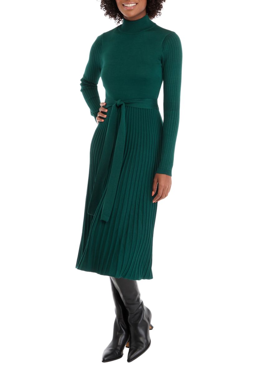 Womens Long Sleeve Mock Neck Tie Waist Fit and Flare Sweater Dress