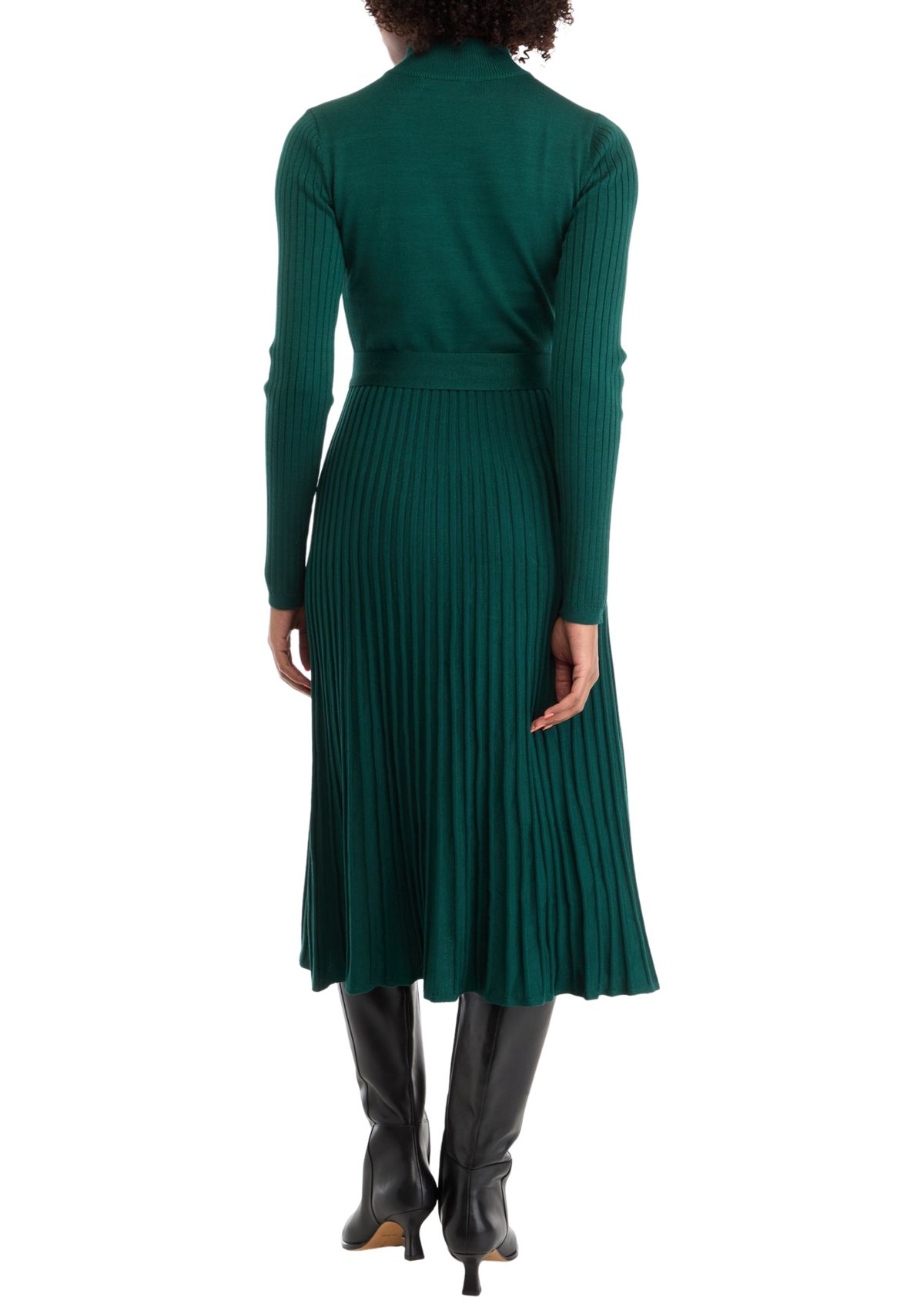 Womens Long Sleeve Mock Neck Tie Waist Fit and Flare Sweater Dress