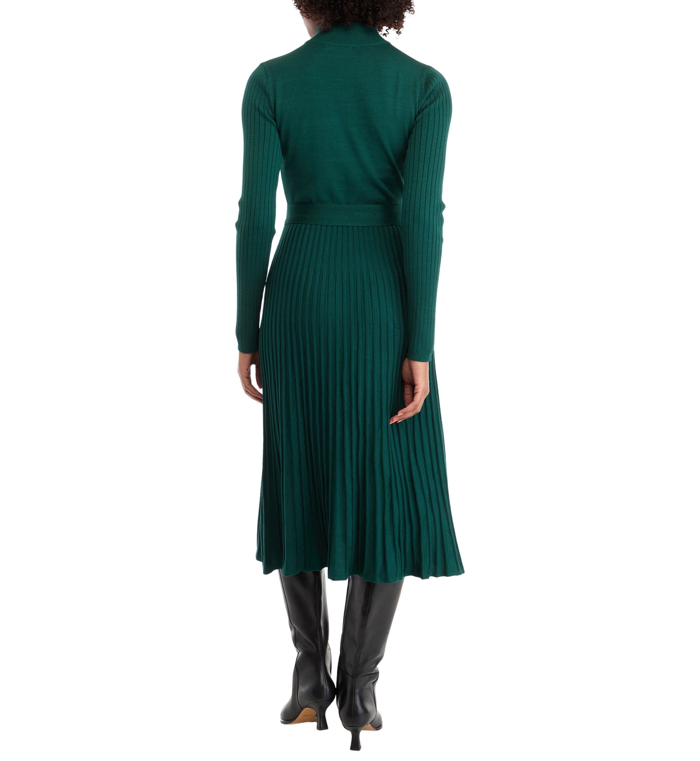 Womens Long Sleeve Mock Neck Tie Waist Fit and Flare Sweater Dress