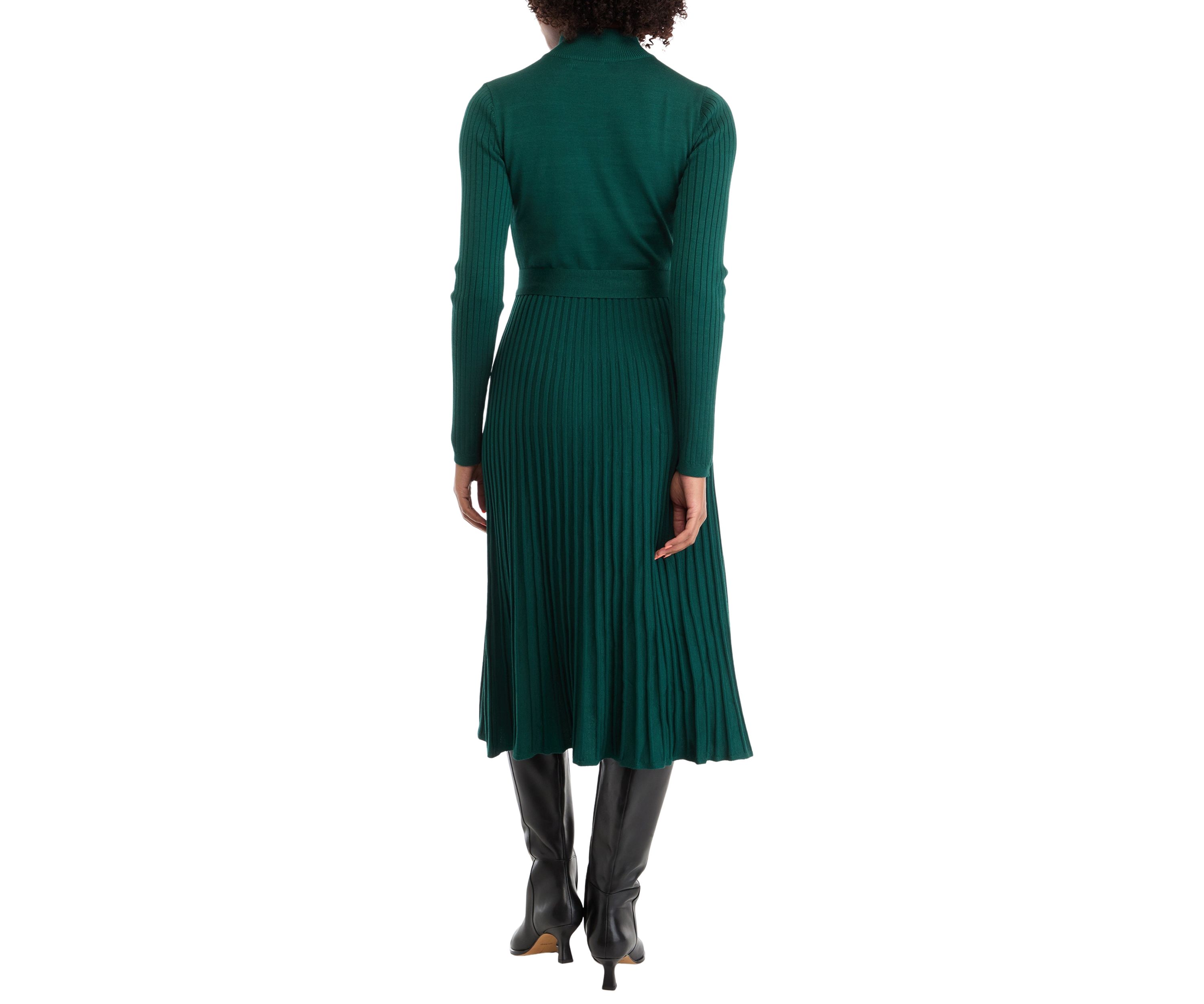 Womens Long Sleeve Mock Neck Tie Waist Fit and Flare Sweater Dress