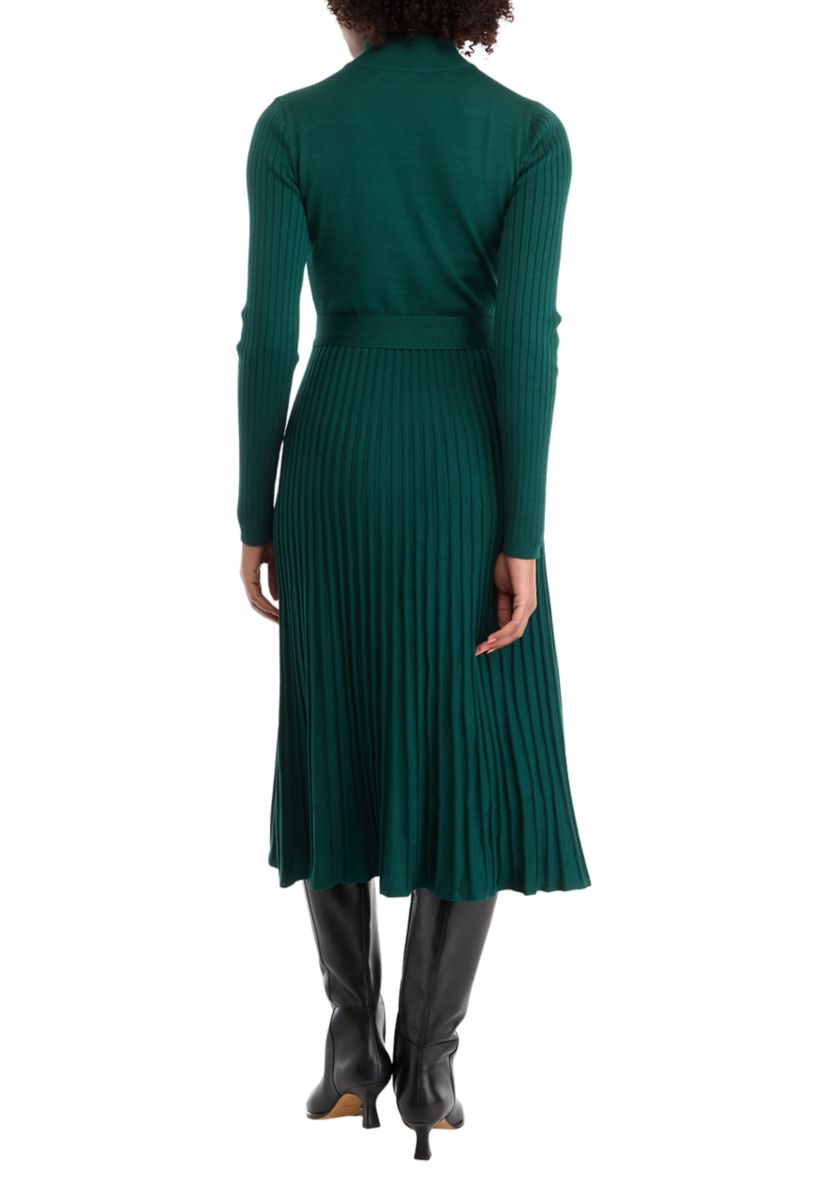Womens Long Sleeve Mock Neck Tie Waist Fit and Flare Sweater Dress