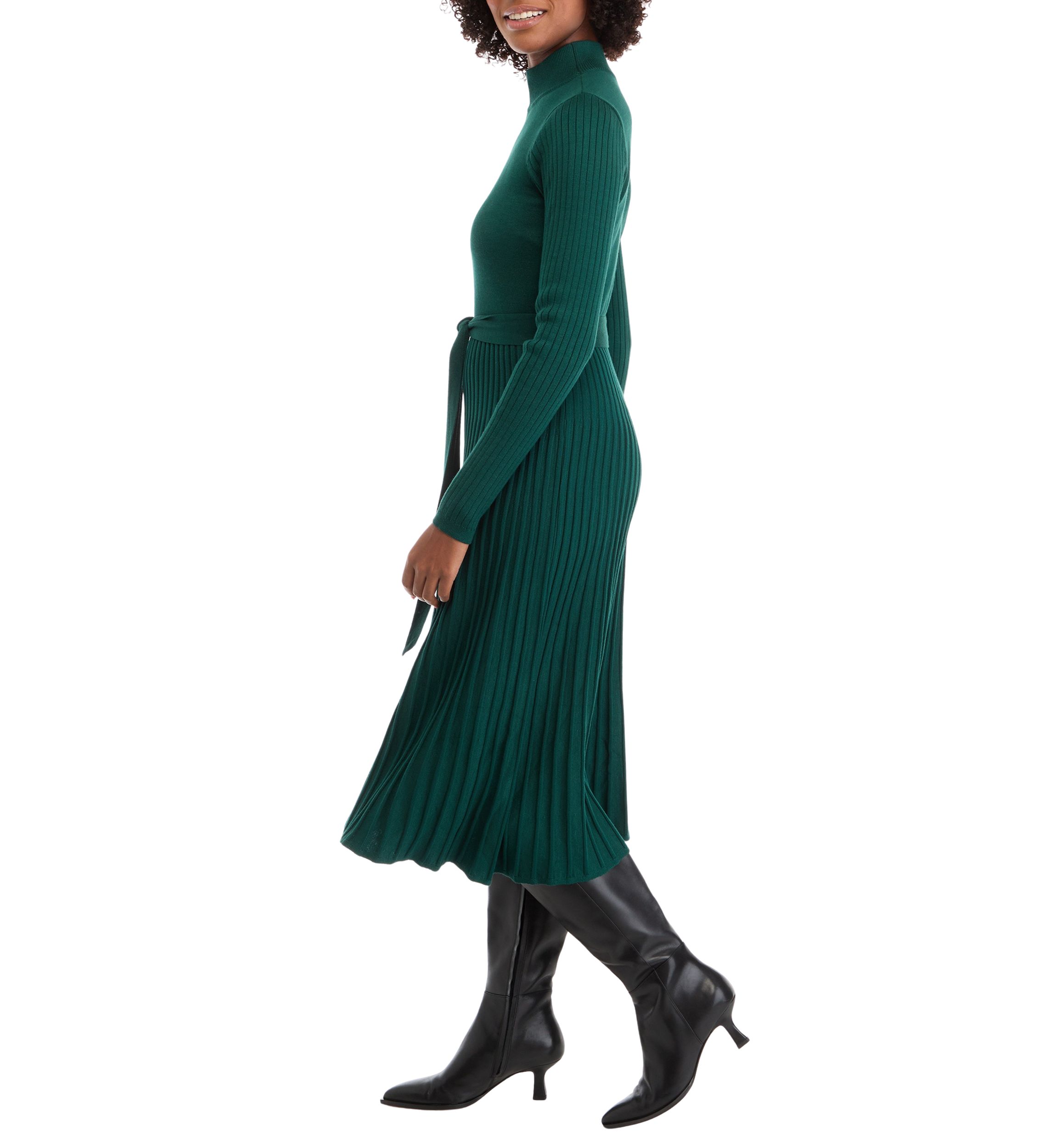 Womens Long Sleeve Mock Neck Tie Waist Fit and Flare Sweater Dress