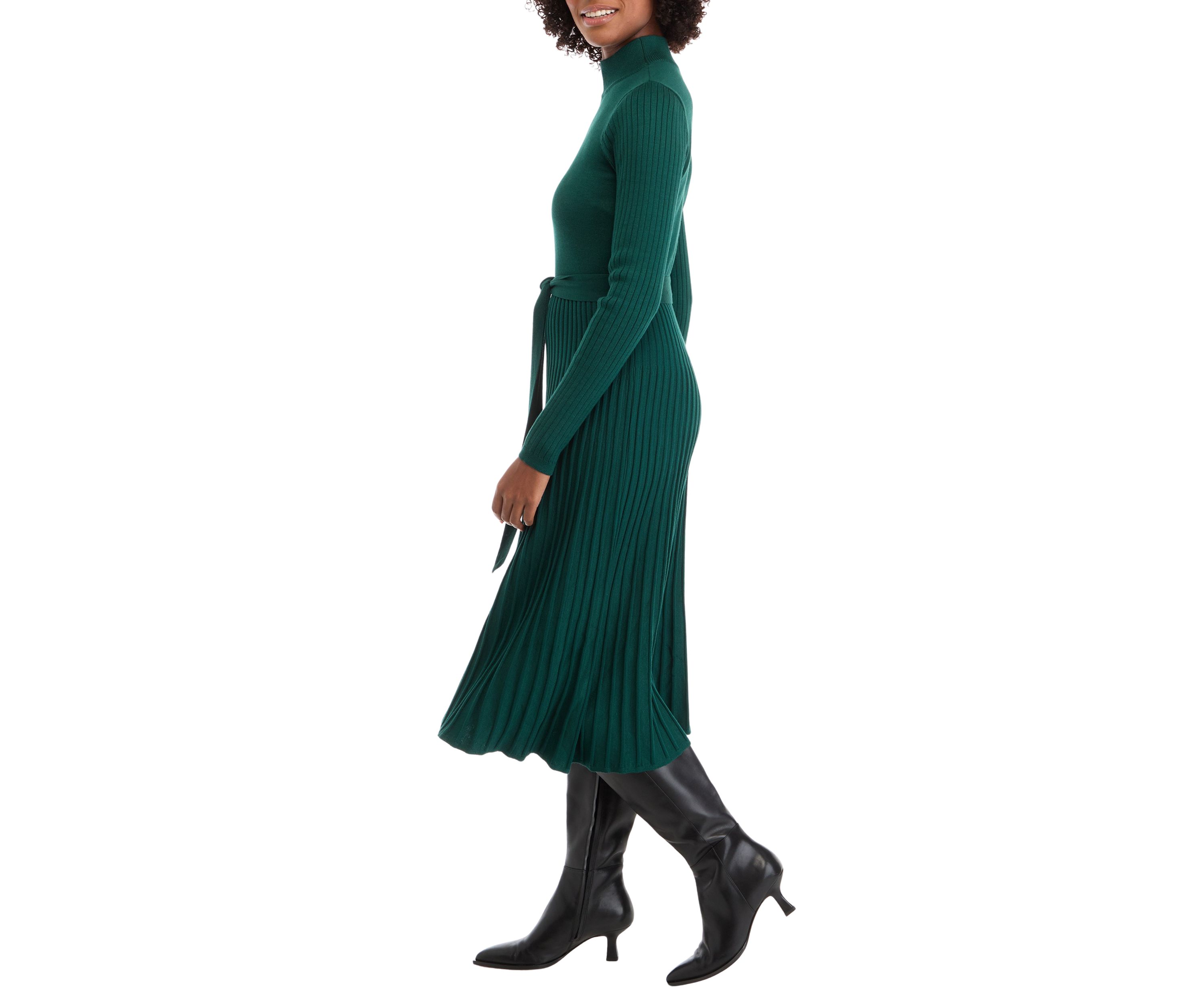 Womens Long Sleeve Mock Neck Tie Waist Fit and Flare Sweater Dress