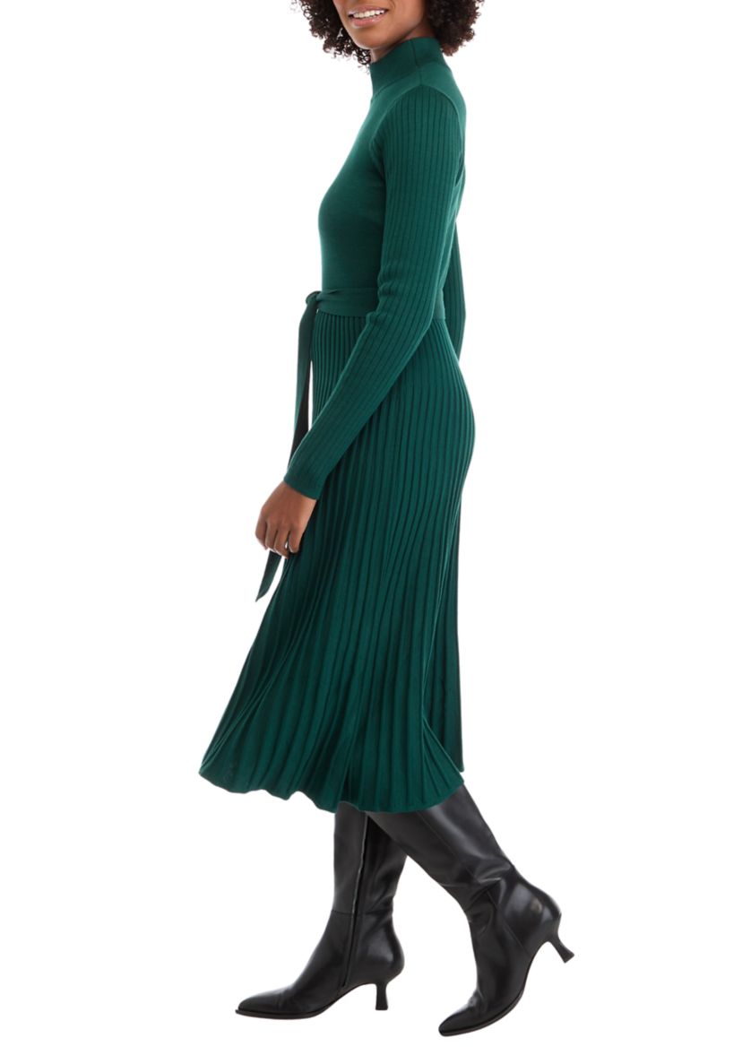 Womens Long Sleeve Mock Neck Tie Waist Fit and Flare Sweater Dress